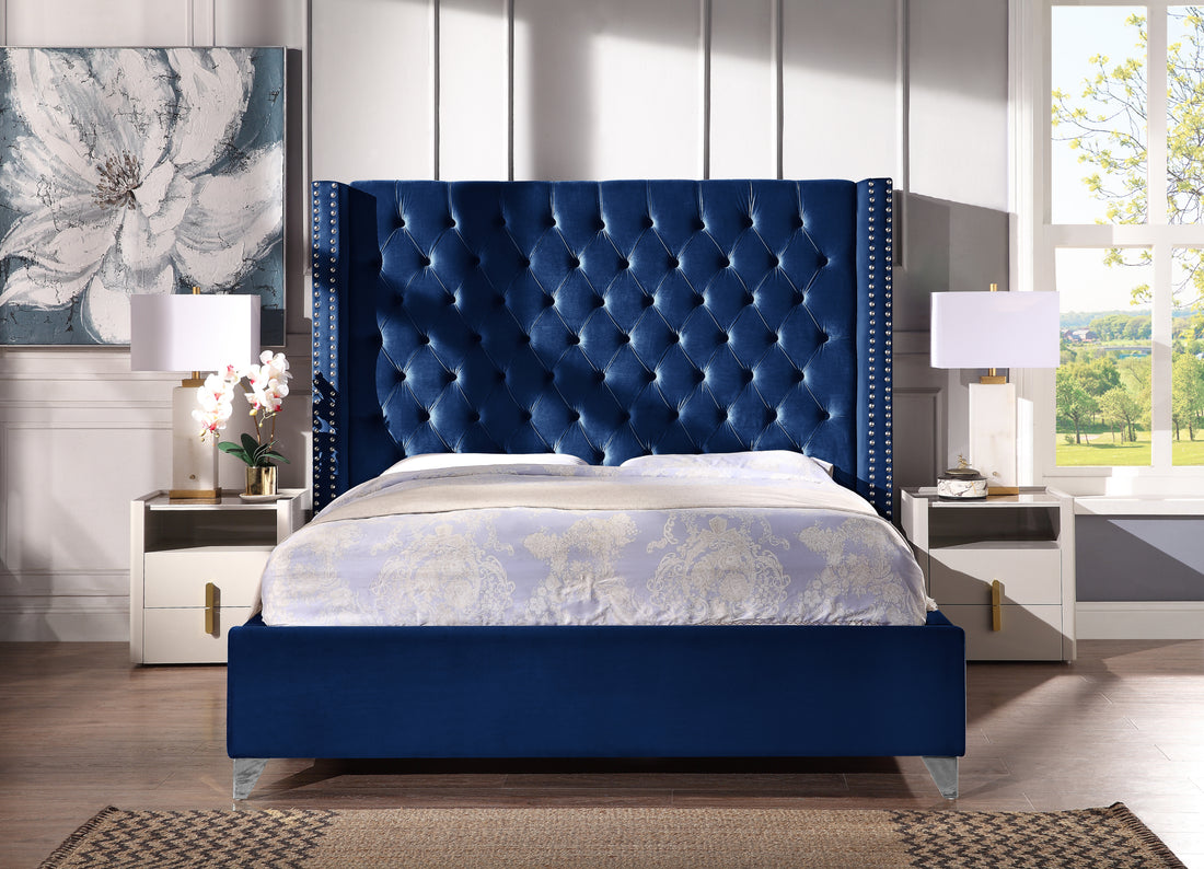 Contemporary Velvet Upholstered Bed With Deep Button Tufting, Solid Wood Frame, High Density Foam, Silver Metal Leg, Queen Size Blue Velvet