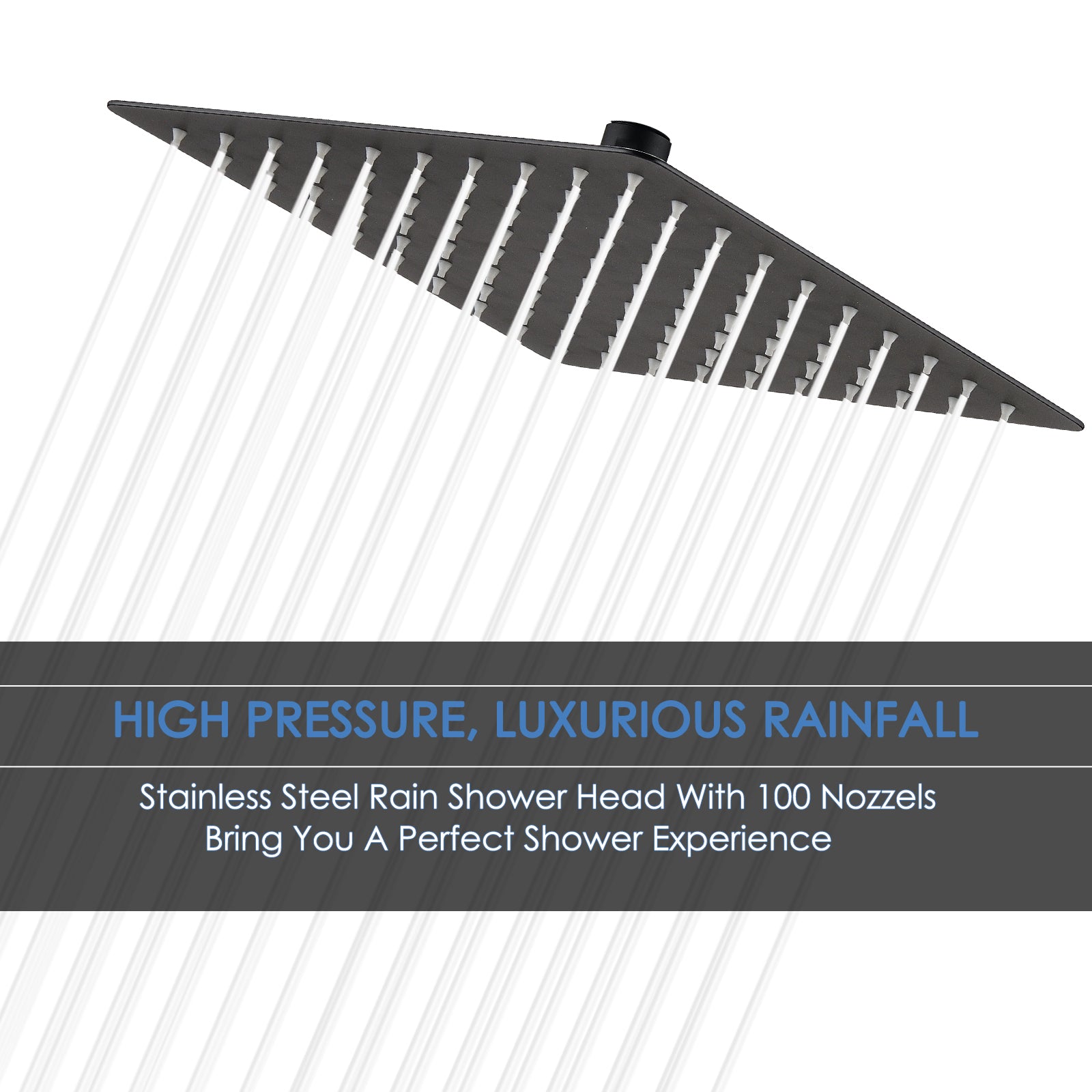 10 Inch Rain Shower Head, 10" Square Rainfall & High Pressure Stainless Steel Bath Showerhead, Waterfall Full Body Coverage With Silicone Nozzle Matte Black Metal