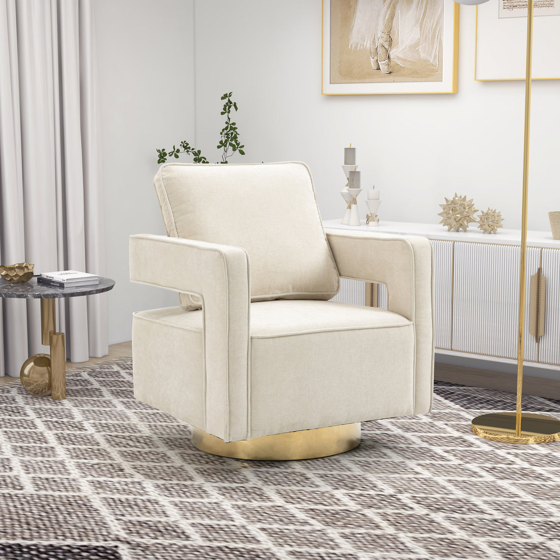 30.7"W Swivel Accent Open Back Chair Modern Comfy Sofa Chair With Gold Stainless Steel Base For Nursery Bedroom Living Room Hotel Office, Club Chair Leisure Arm Chair For Lounge Beige Chenille Beige