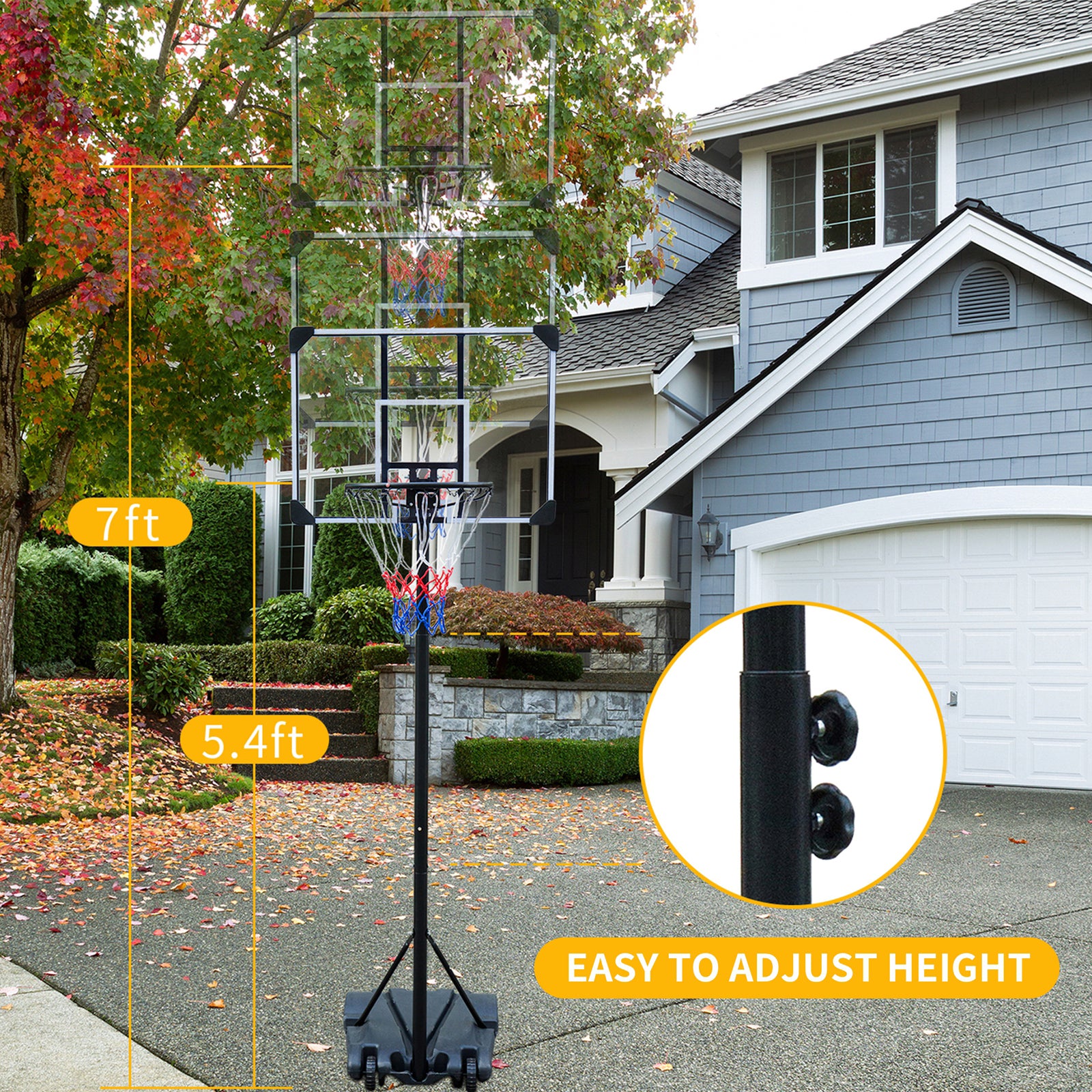 Portable Basketball Hoop Stand W Wheels For Kids Youth Adjustable Height 5.4Ft 7Ft Use For Indoor Outdoor Basketball Goals Play Set Transparent Iron