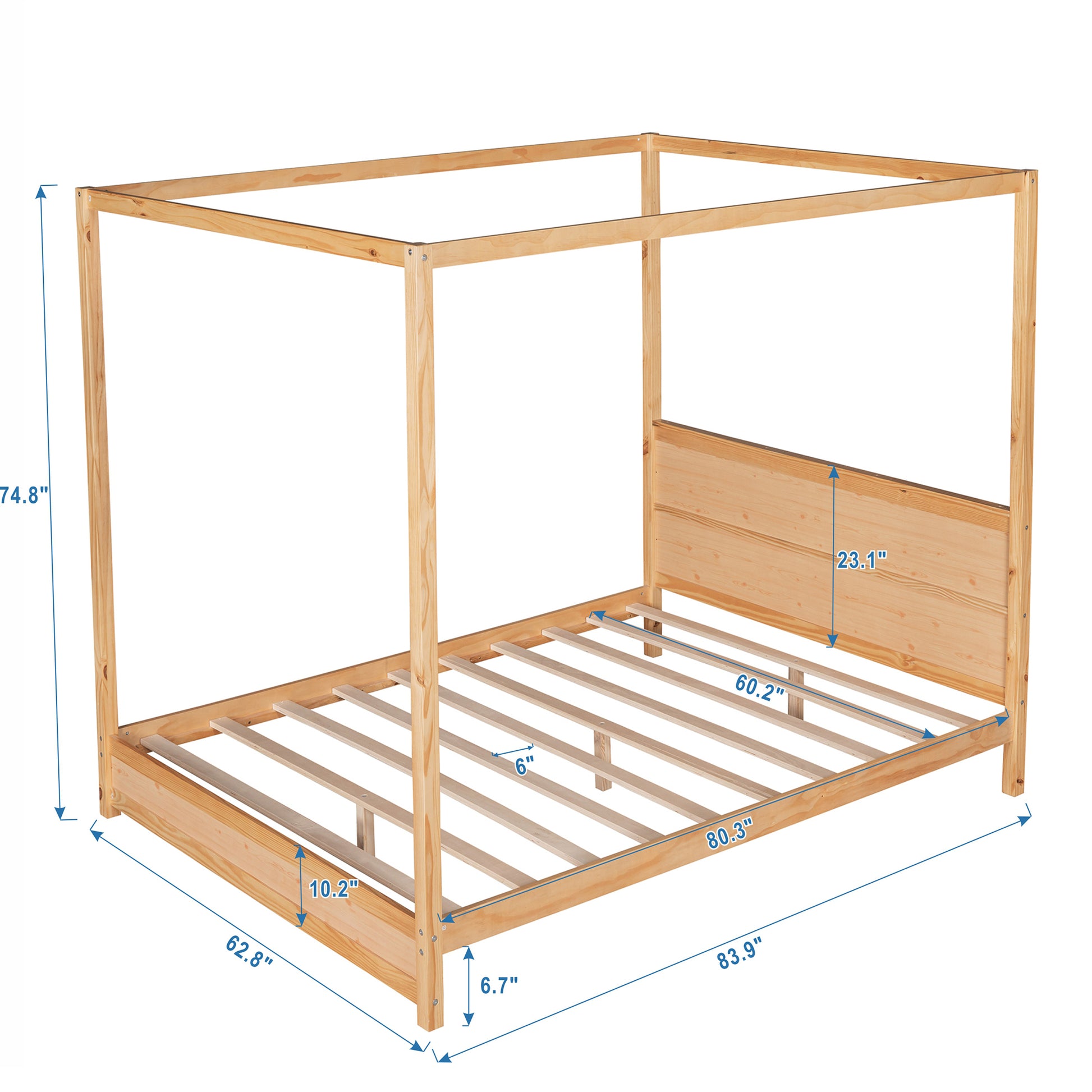 Queen Size Canopy Platform Bed With Headboard And Support Legs,Natural Natural Pine