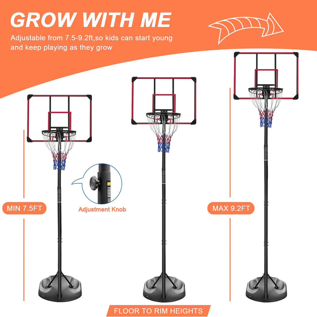 Portable Basketball Hoop System Stand Height Adjustable 7.5Ft 9.2Ft With 32 Inch Backboard And Wheels For Youth Adults Indoor Outdoor Basketball Goal Transparent Iron