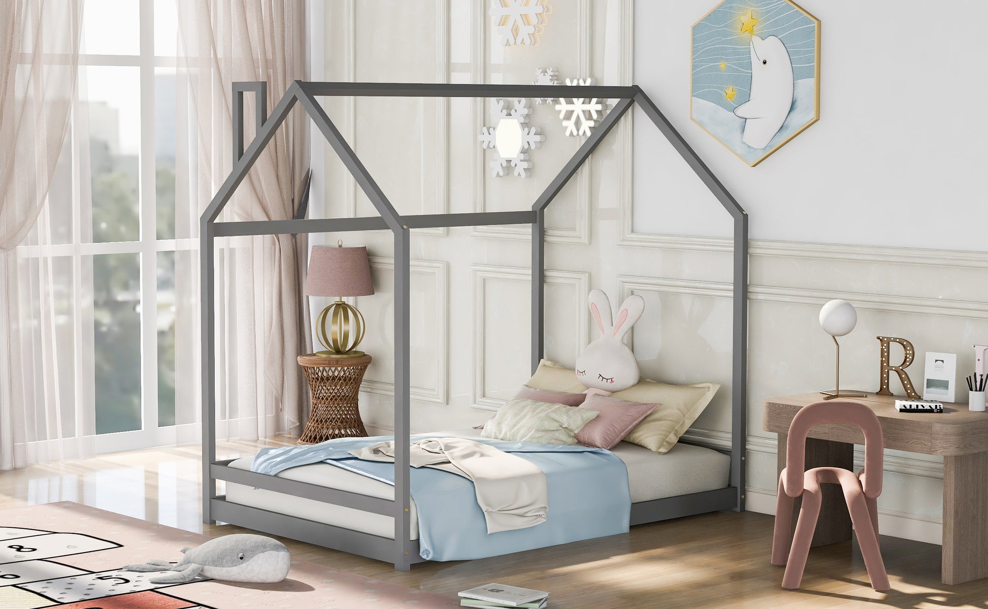 Full Size House Bed Wood Bed, Gray Old Sku:Wf281436Aae Gray Solid Wood