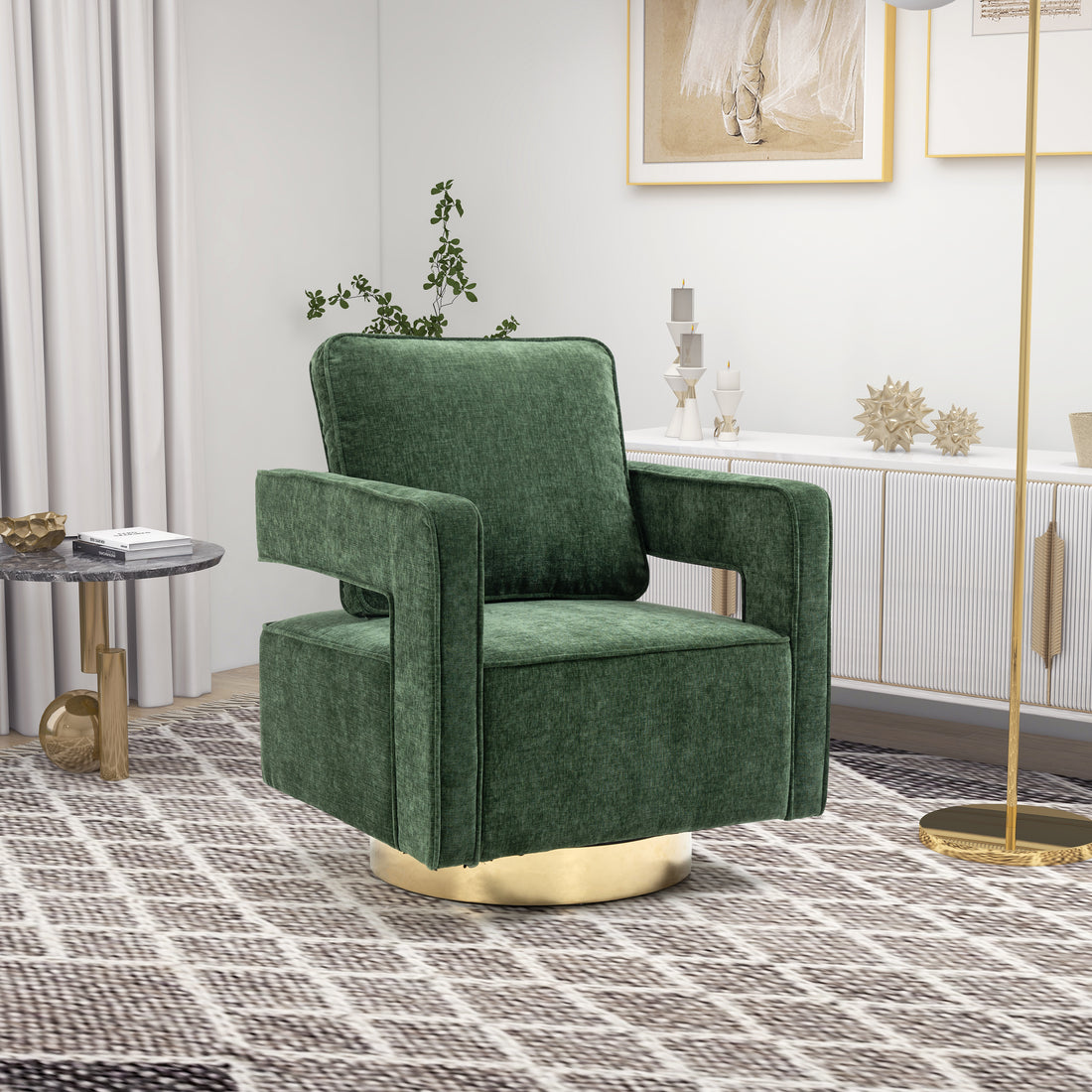 30.7"W Swivel Accent Open Back Chair Modern Comfy Sofa Chair With Gold Stainless Steel Base For Nursery Bedroom Living Room Hotel Office, Club Chair Leisure Arm Chair For Lounge Green Chenille Green