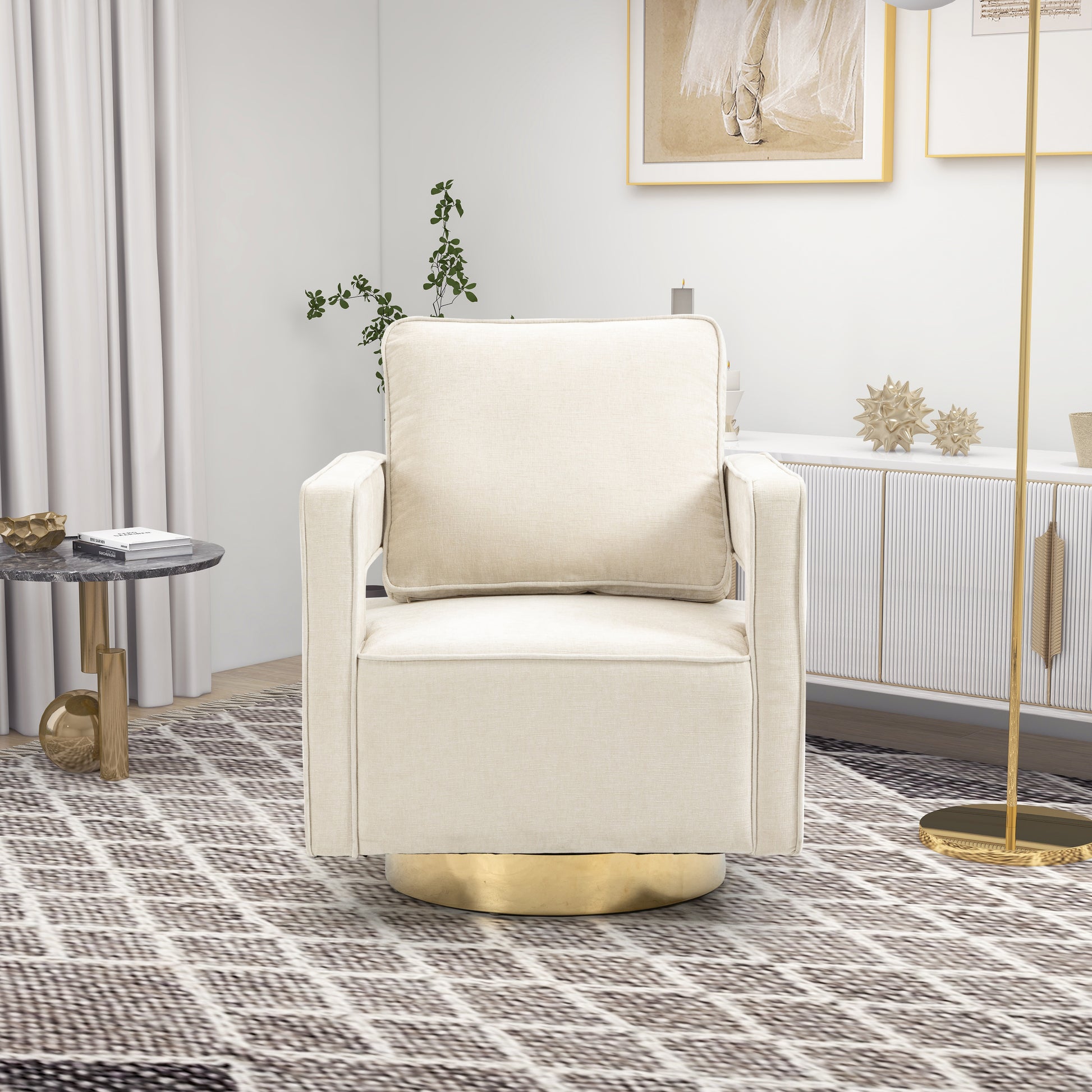 30.7"W Swivel Accent Open Back Chair Modern Comfy Sofa Chair With Gold Stainless Steel Base For Nursery Bedroom Living Room Hotel Office, Club Chair Leisure Arm Chair For Lounge Beige Chenille Beige