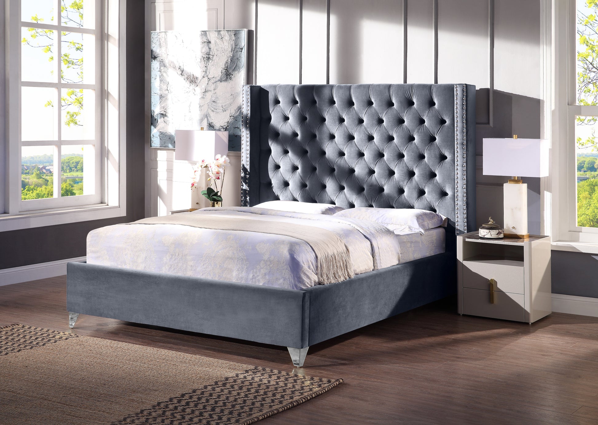 Contemporary Velvet Upholstered Bed With Deep Button Tufting, Solid Wood Frame, High Density Foam, Silver Metal Leg, Queen Size Grey Velvet