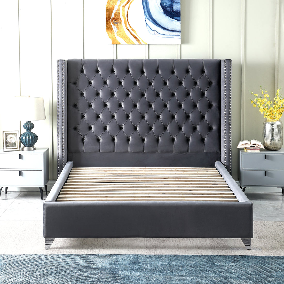 Contemporary Velvet Upholstered Bed With Deep Button Tufting, Solid Wood Frame, High Density Foam, Silver Metal Leg, Queen Size Grey Velvet