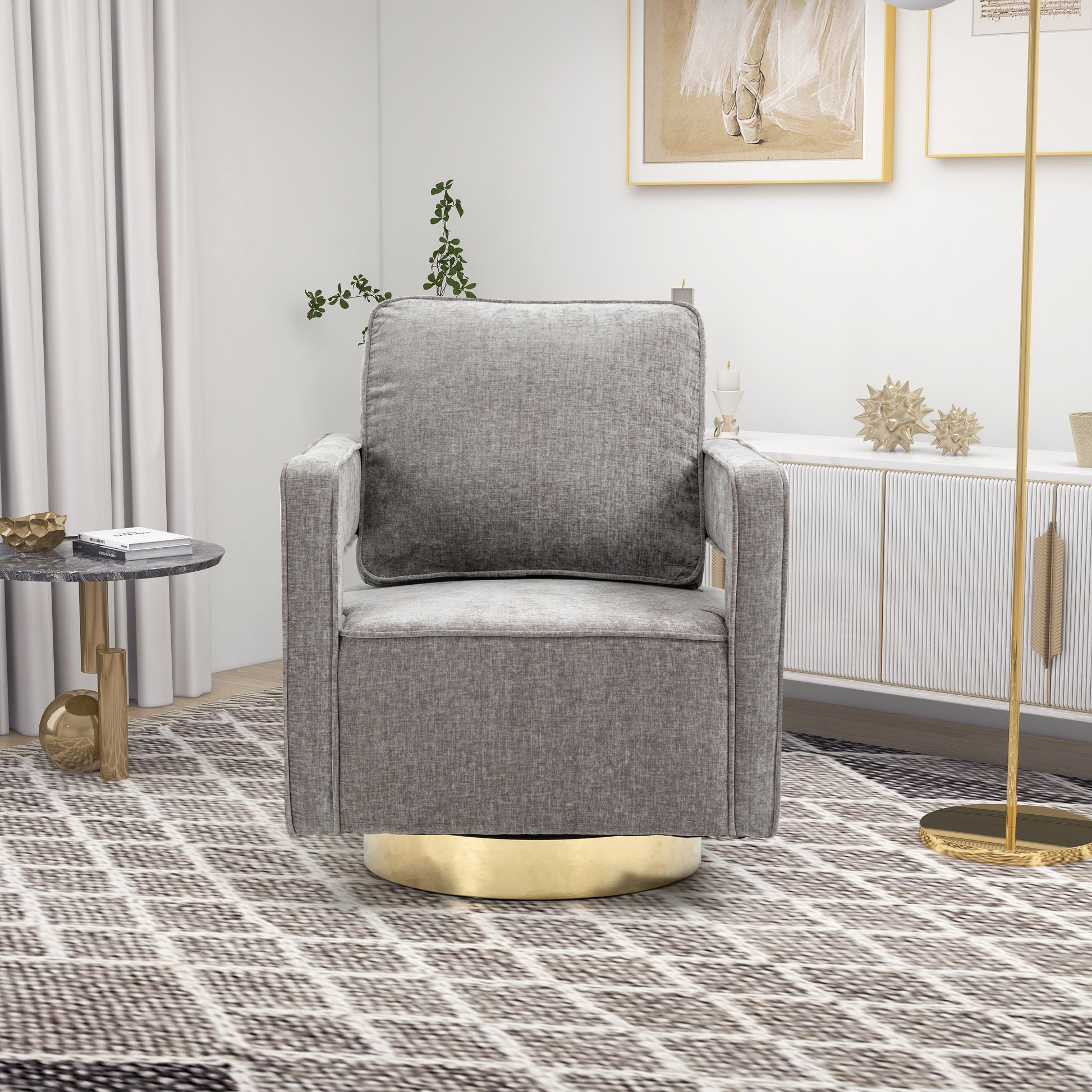 30.7"W Swivel Accent Open Back Chair Modern Comfy Sofa Chair With Gold Stainless Steel Base For Nursery Bedroom Living Room Hotel Office, Club Chair Leisure Arm Chair For Lounge Gray Chenille Gray