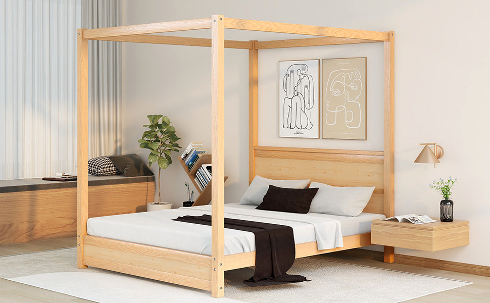 Queen Size Canopy Platform Bed With Headboard And Support Legs,Natural Natural Pine