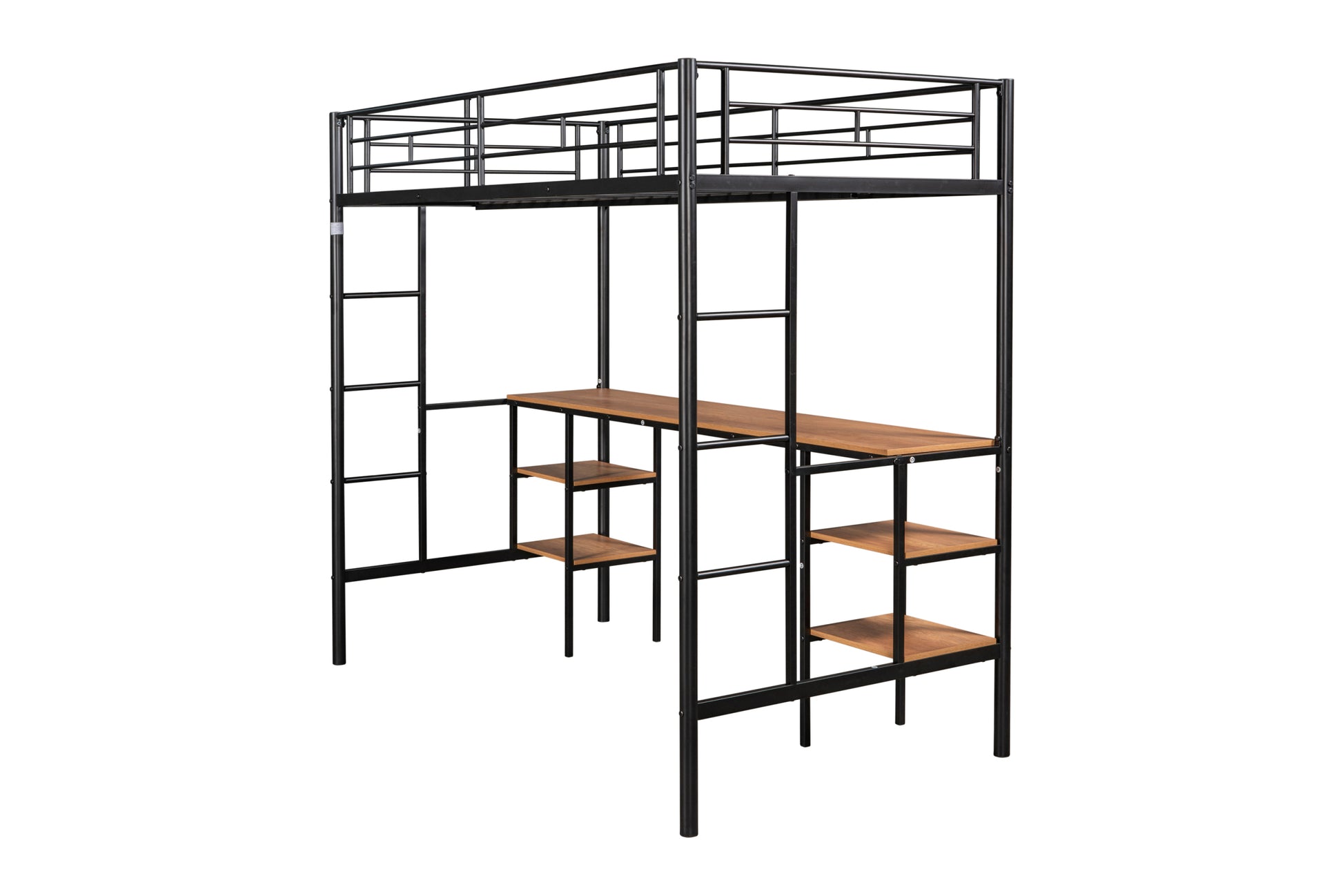 Twin Size Loft Bed With Table & Shelves Heavy Duty Sturdy Metal Built In Table & Shelves Noise Reduced Safety Guardrail 2 Side Ladders Cpc Certified No Box Spring Needed Black Metal