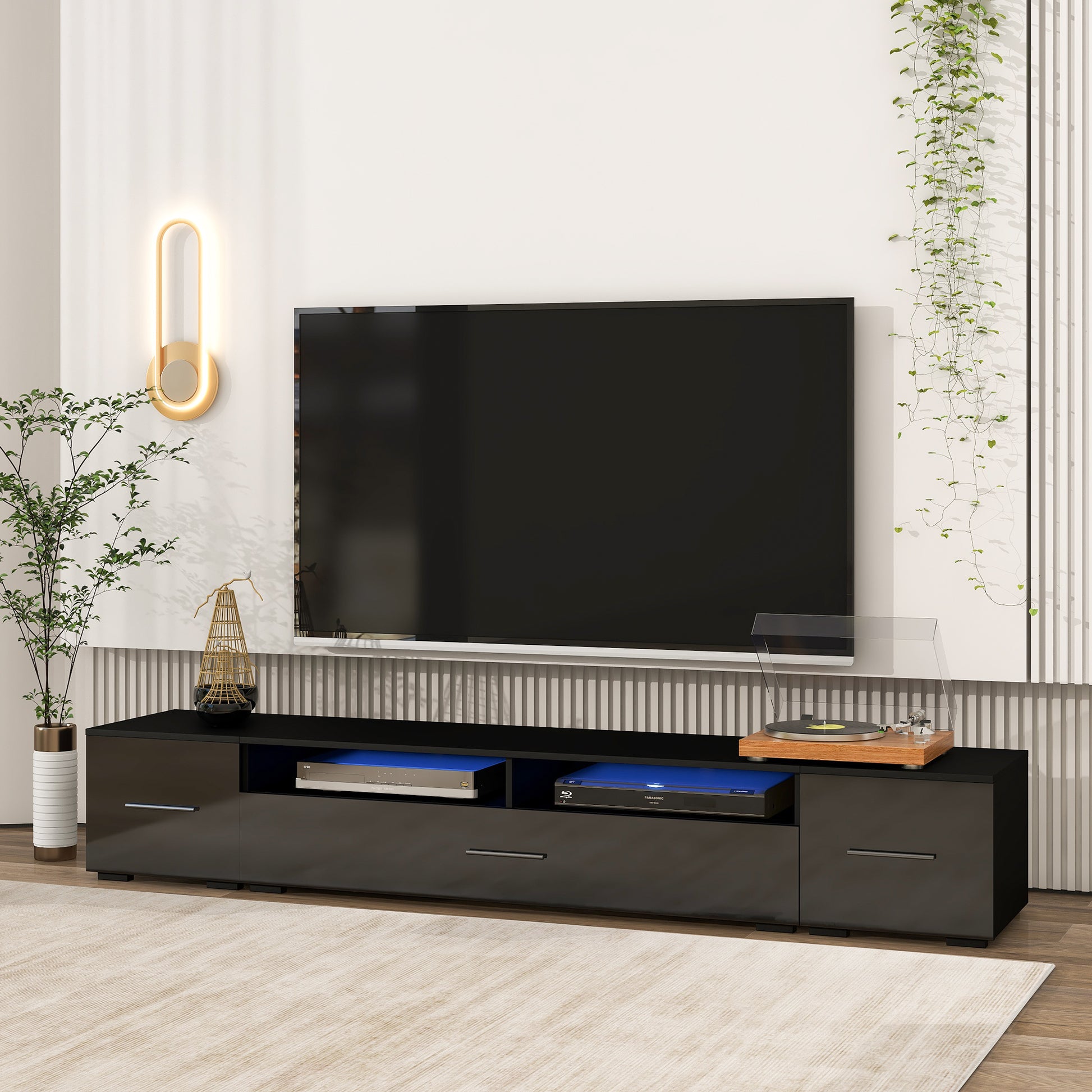 Extended, Minimalist Design Tv Stand With Color Changing Led Lights, Modern Universal Entertainment Center, High Gloss Tv Cabinet For 90 Inch Tv, Black Black Particle Board