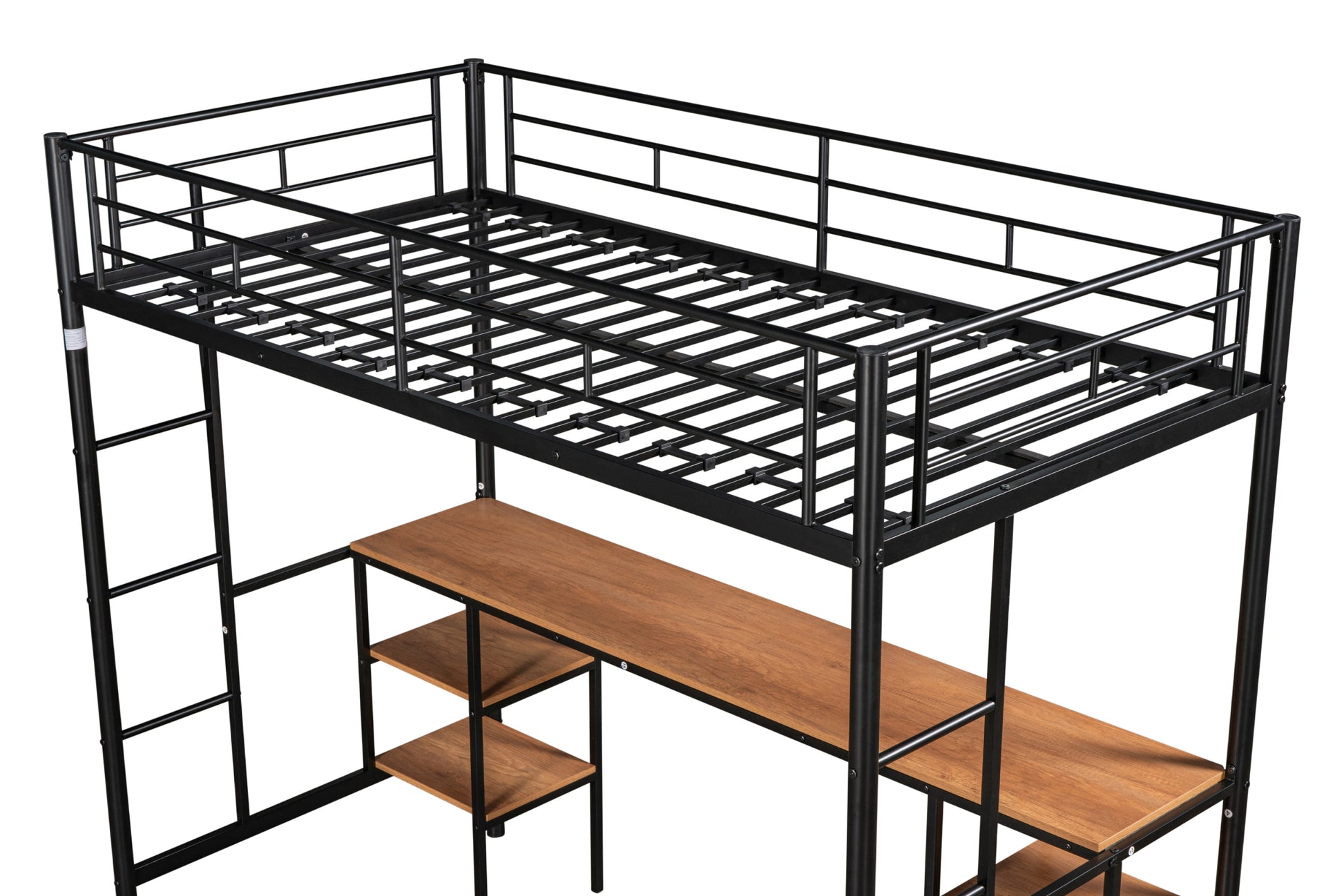 Twin Size Loft Bed With Table & Shelves Heavy Duty Sturdy Metal Built In Table & Shelves Noise Reduced Safety Guardrail 2 Side Ladders Cpc Certified No Box Spring Needed Black Metal