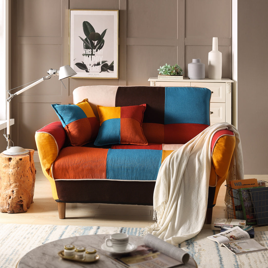 Small Space Colorful Sleeper Sofa, Solid Wood Legs Colorful Polyester