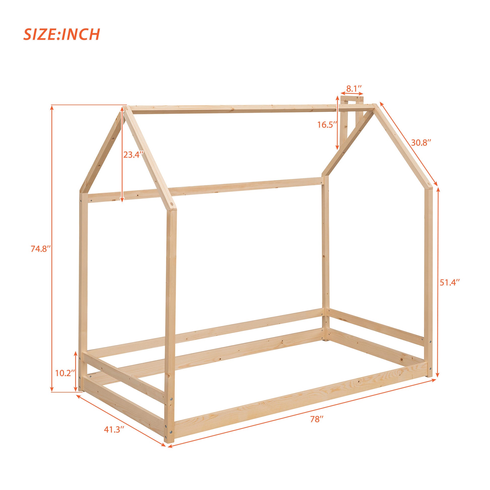 Twin Size House Bed Wood Bed, Natural Old Sku:Wf281435Aam Natural Solid Wood