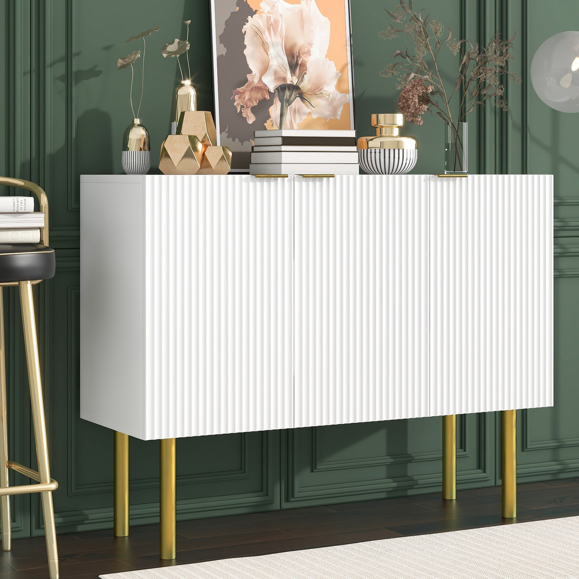 Modern Simple & Luxury Style Sideboard Particle Board & Mdf Board Cabinet With Gold Metal Legs & Handles, Adjustable Shelves For Living Room, Dining Room White White Particle Board