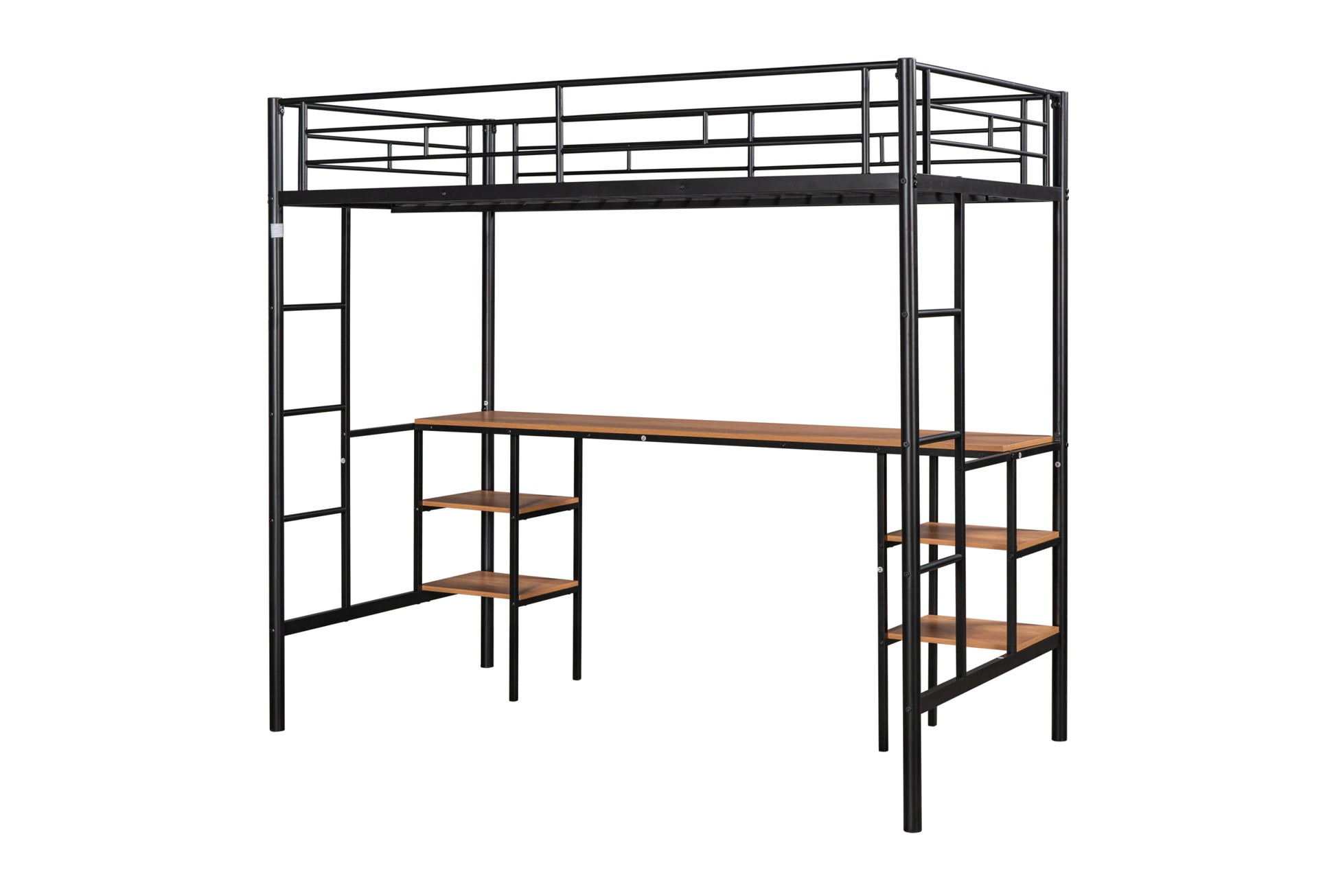 Twin Size Loft Bed With Table & Shelves Heavy Duty Sturdy Metal Built In Table & Shelves Noise Reduced Safety Guardrail 2 Side Ladders Cpc Certified No Box Spring Needed Black Metal