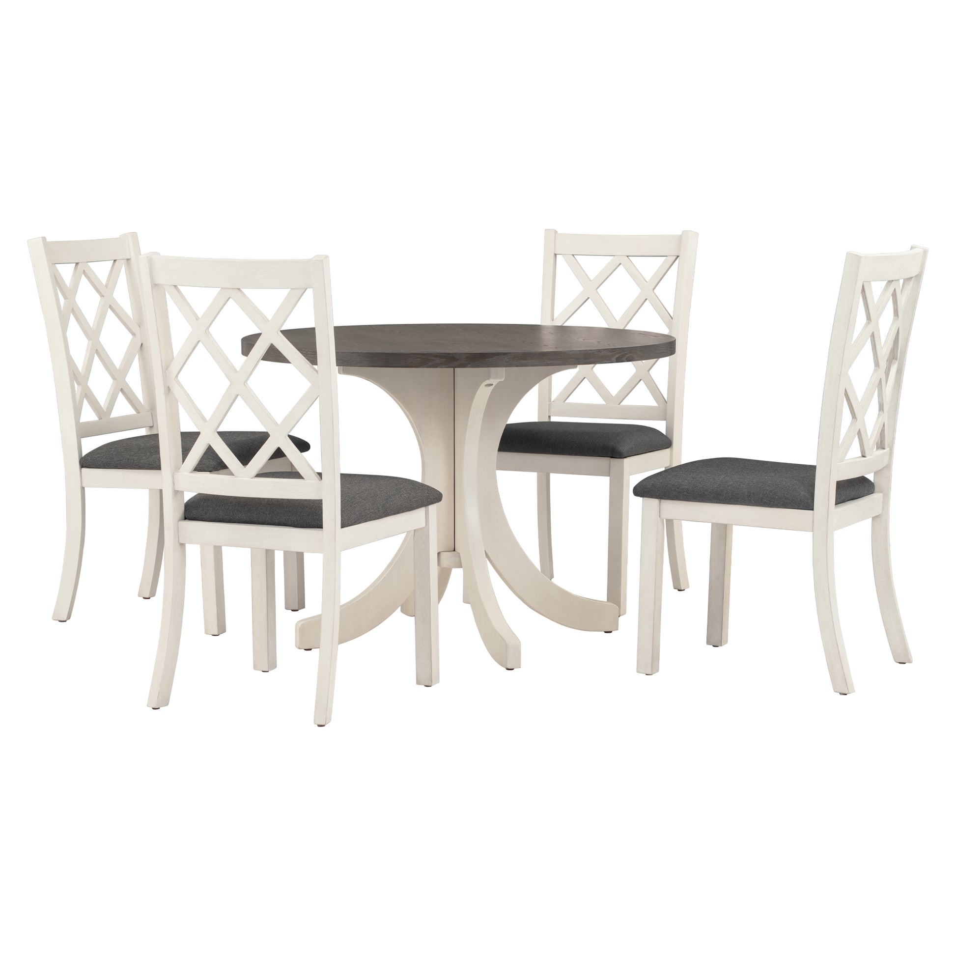 Mid Century Solid Wood 5 Piece Round Dining Table Set, Kitchen Table Set With Upholstered Chairs For Small Places, Brown Table Gray Chair Brown Wood Dining Room Solid Wood Rubberwood Round Dining Table With Chair Upholstered Chair Wood Brown Slat Back