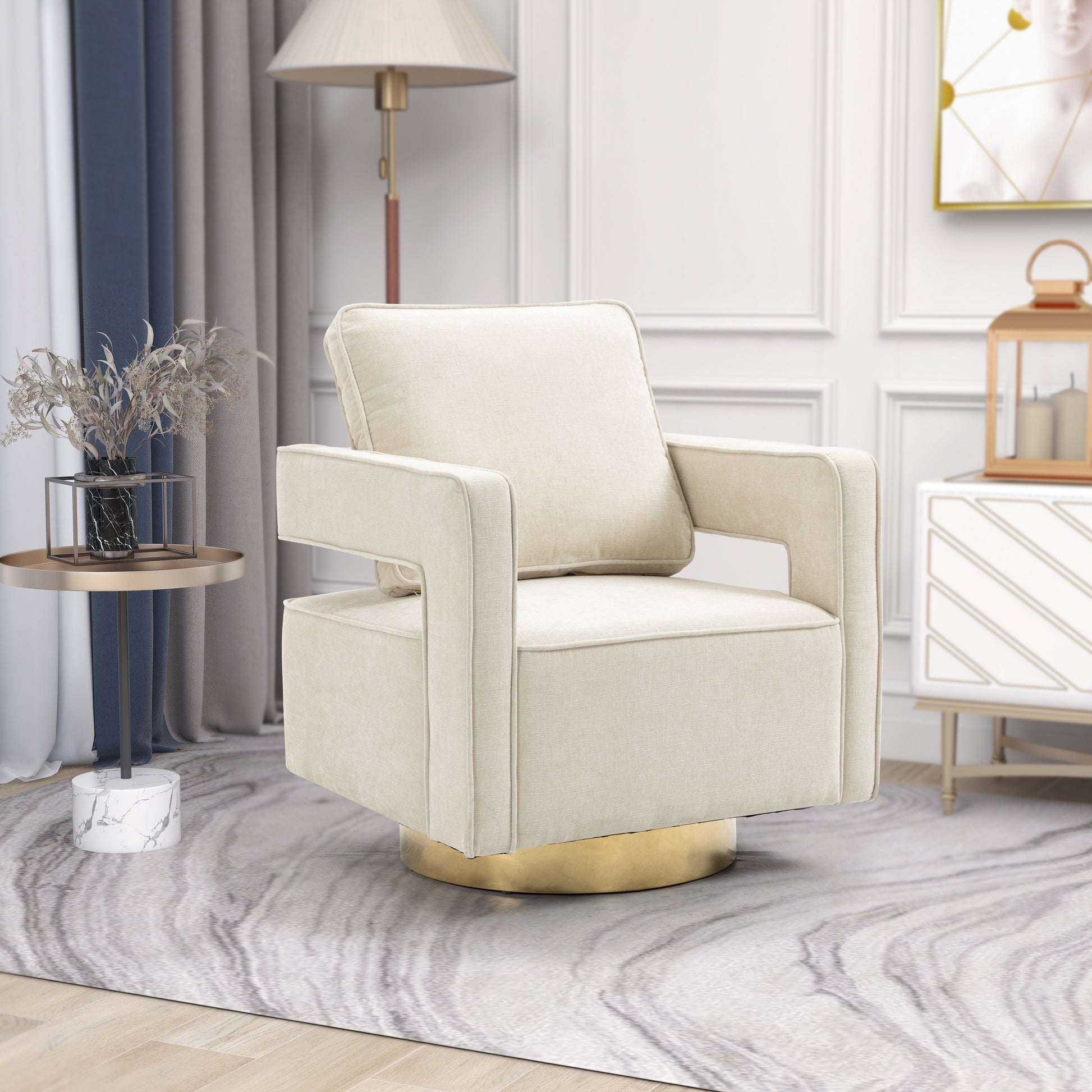 30.7"W Swivel Accent Open Back Chair Modern Comfy Sofa Chair With Gold Stainless Steel Base For Nursery Bedroom Living Room Hotel Office, Club Chair Leisure Arm Chair For Lounge Beige Chenille Beige