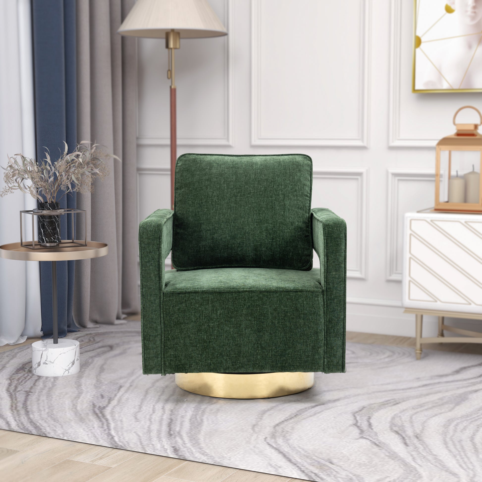 30.7"W Swivel Accent Open Back Chair Modern Comfy Sofa Chair With Gold Stainless Steel Base For Nursery Bedroom Living Room Hotel Office, Club Chair Leisure Arm Chair For Lounge Green Chenille Green