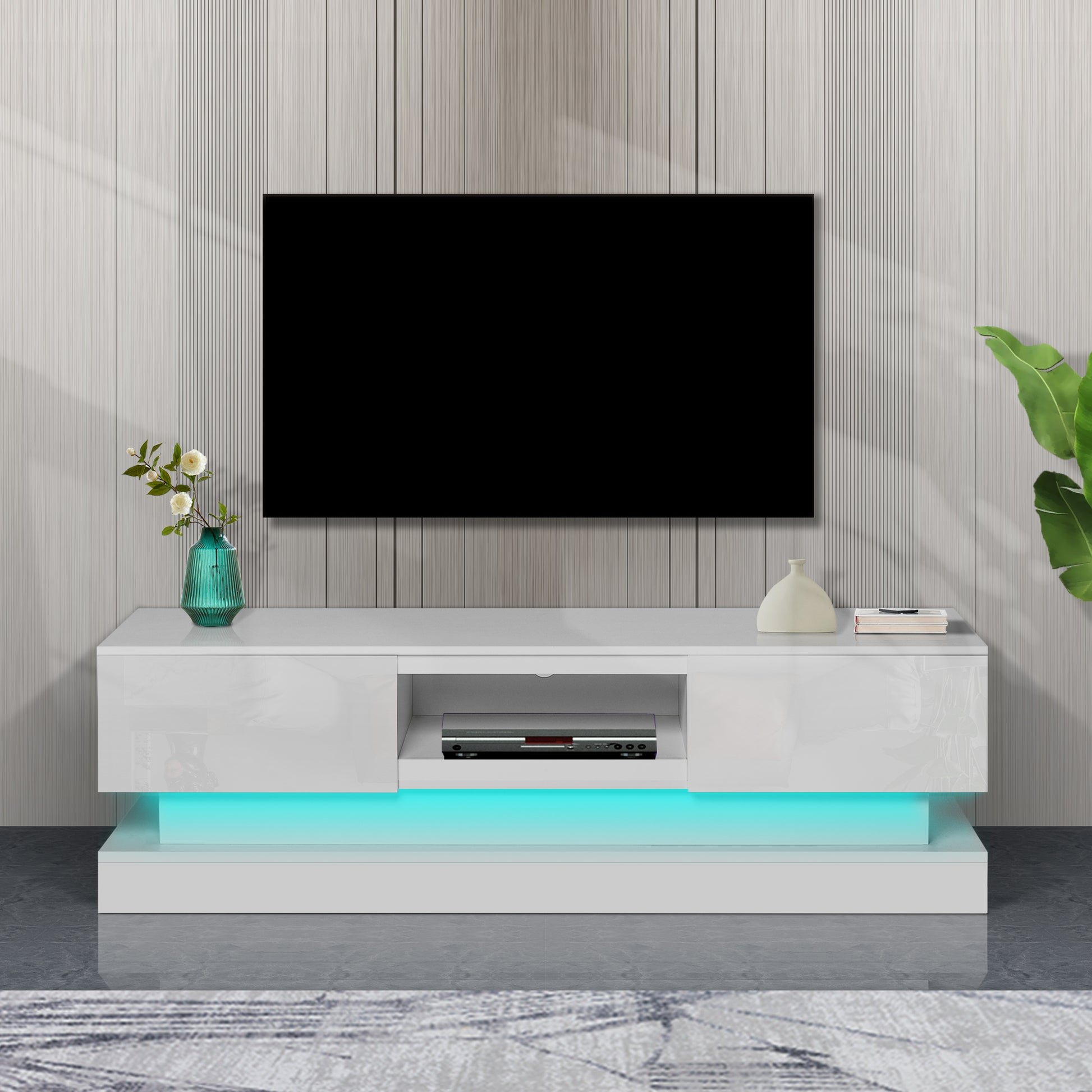 51.18Inch White Morden Tv Stand With Led Lights,High Glossy Front Tv Cabinet,Can Be Assembled In Lounge Room, Living Room Or Bedroom,Color:White White Primary Living Space 50 Inches 50 59 Inches Classic 55 Inches Foam Particle Board