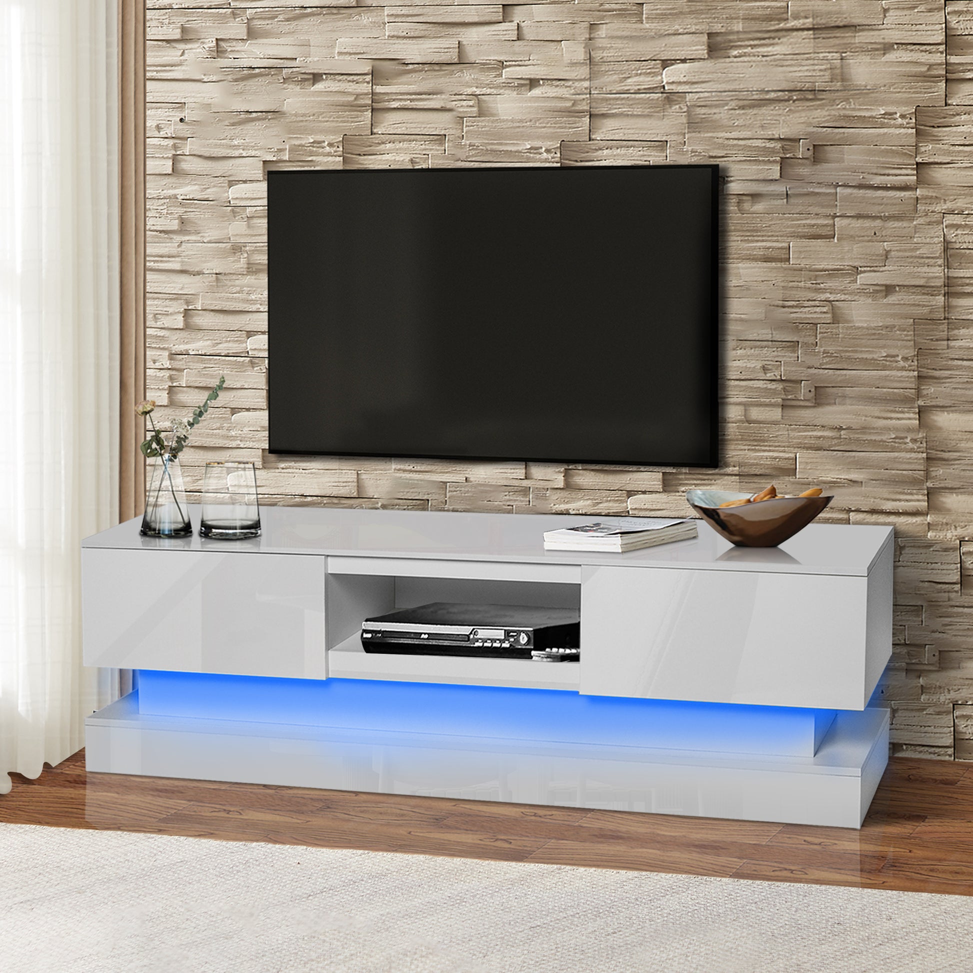 63Inch White Morden Tv Stand With Led Lights,High Glossy Front Tv Cabinet,Can Be Assembled In Lounge Room, Living Room Or Bedroom,Color:White White Primary Living Space 60 Inches 60 69 Inches Classic 65 Inches Foam Particle Board