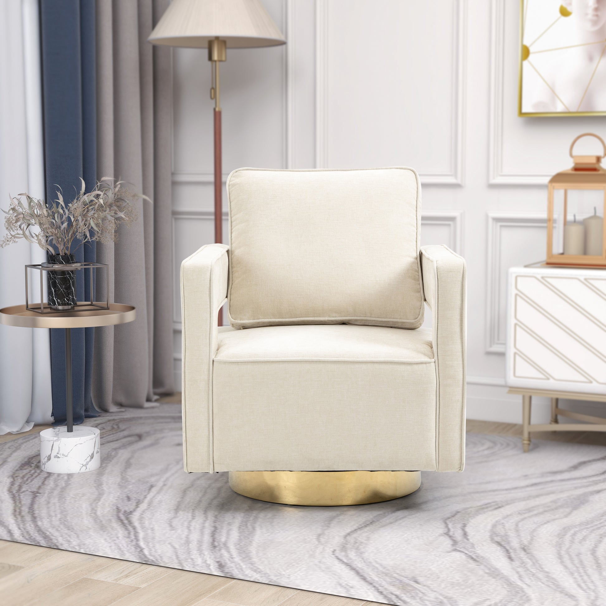 30.7"W Swivel Accent Open Back Chair Modern Comfy Sofa Chair With Gold Stainless Steel Base For Nursery Bedroom Living Room Hotel Office, Club Chair Leisure Arm Chair For Lounge Beige Chenille Beige