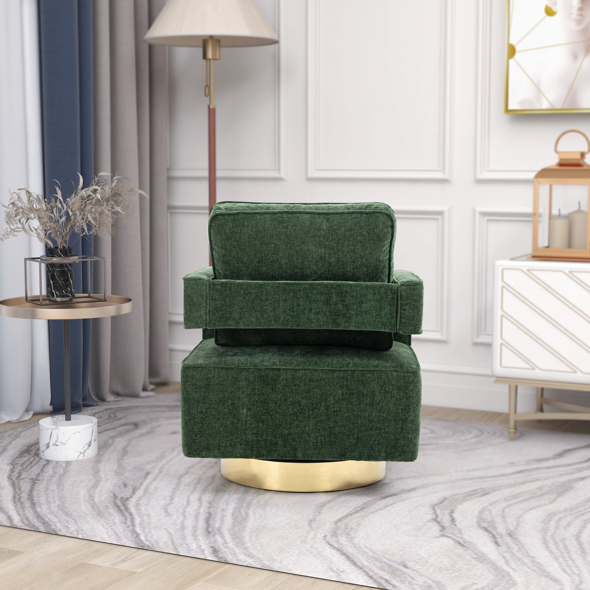 30.7"W Swivel Accent Open Back Chair Modern Comfy Sofa Chair With Gold Stainless Steel Base For Nursery Bedroom Living Room Hotel Office, Club Chair Leisure Arm Chair For Lounge Green Chenille Green