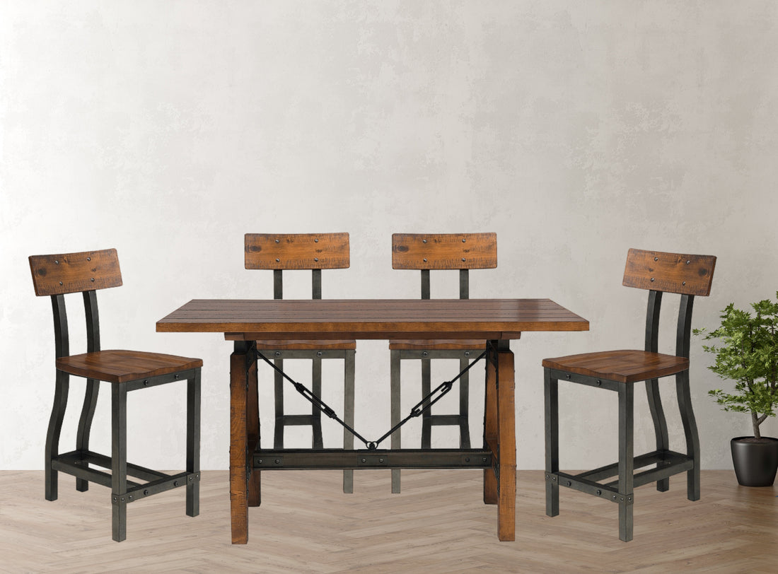 Rustic Brown And Gunmetal Finish 5Pc Dining Set Counter Height Table And 4X Counter Height Chairs Industrial Design Wooden Dining Furniture Multicolor Seats 4 Dining Room Industrial,Rustic