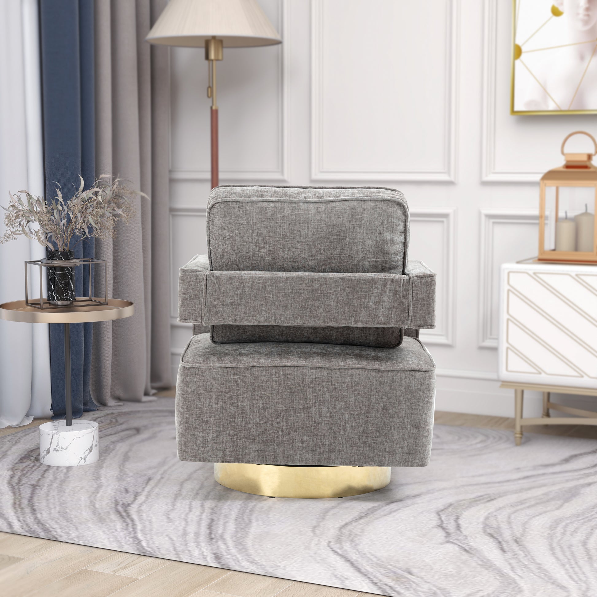 30.7"W Swivel Accent Open Back Chair Modern Comfy Sofa Chair With Gold Stainless Steel Base For Nursery Bedroom Living Room Hotel Office, Club Chair Leisure Arm Chair For Lounge Gray Chenille Gray