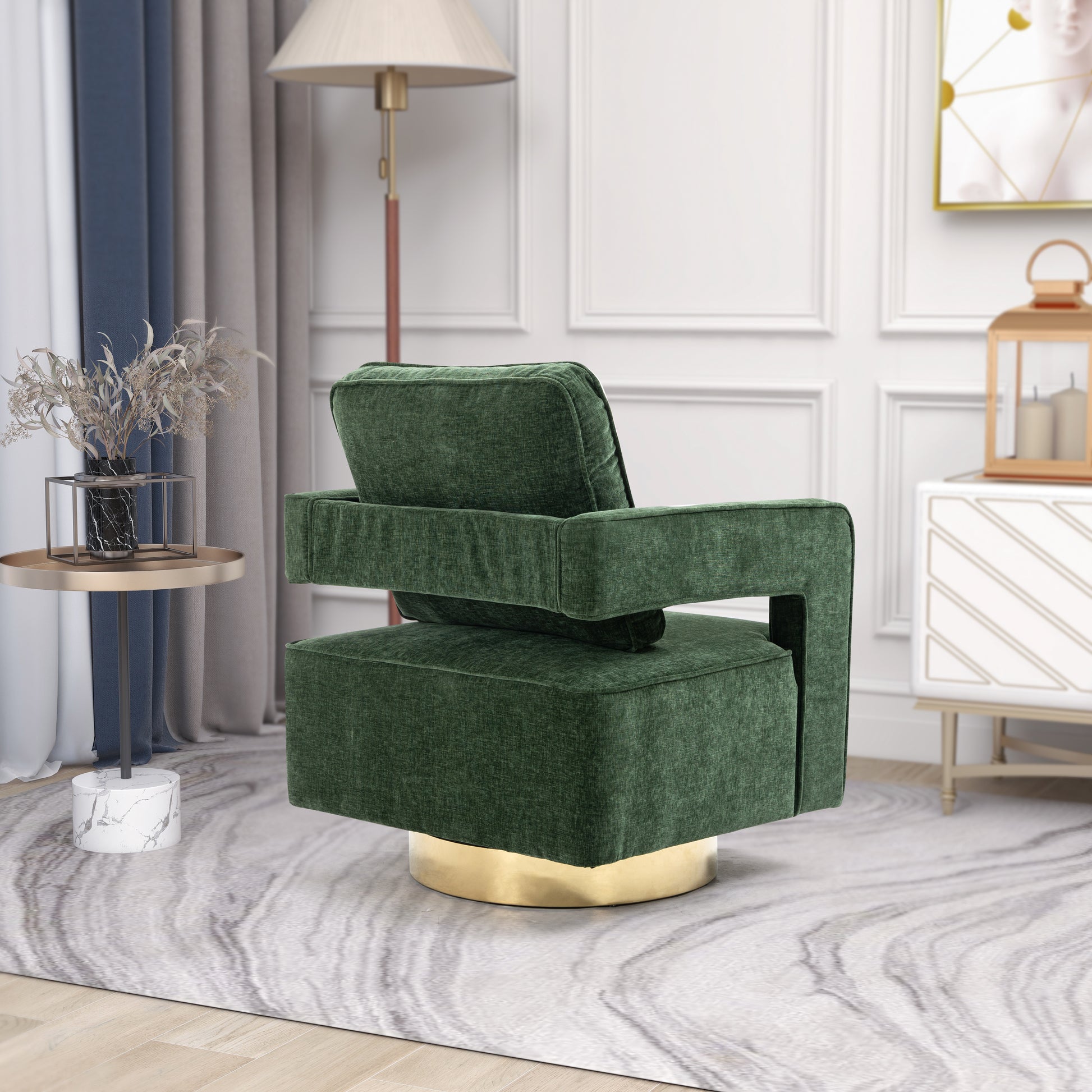 30.7"W Swivel Accent Open Back Chair Modern Comfy Sofa Chair With Gold Stainless Steel Base For Nursery Bedroom Living Room Hotel Office, Club Chair Leisure Arm Chair For Lounge Green Chenille Green