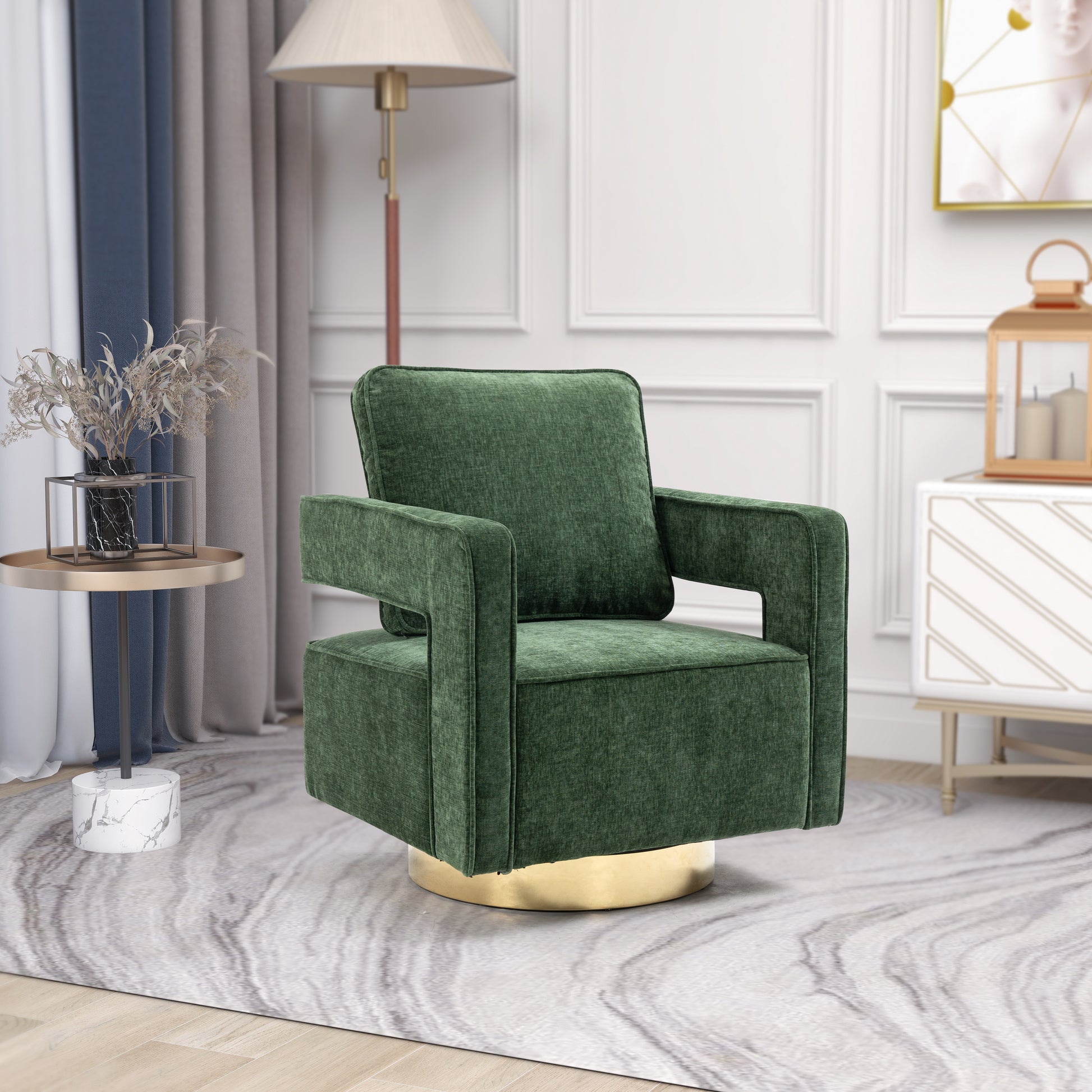 30.7"W Swivel Accent Open Back Chair Modern Comfy Sofa Chair With Gold Stainless Steel Base For Nursery Bedroom Living Room Hotel Office, Club Chair Leisure Arm Chair For Lounge Green Chenille Green