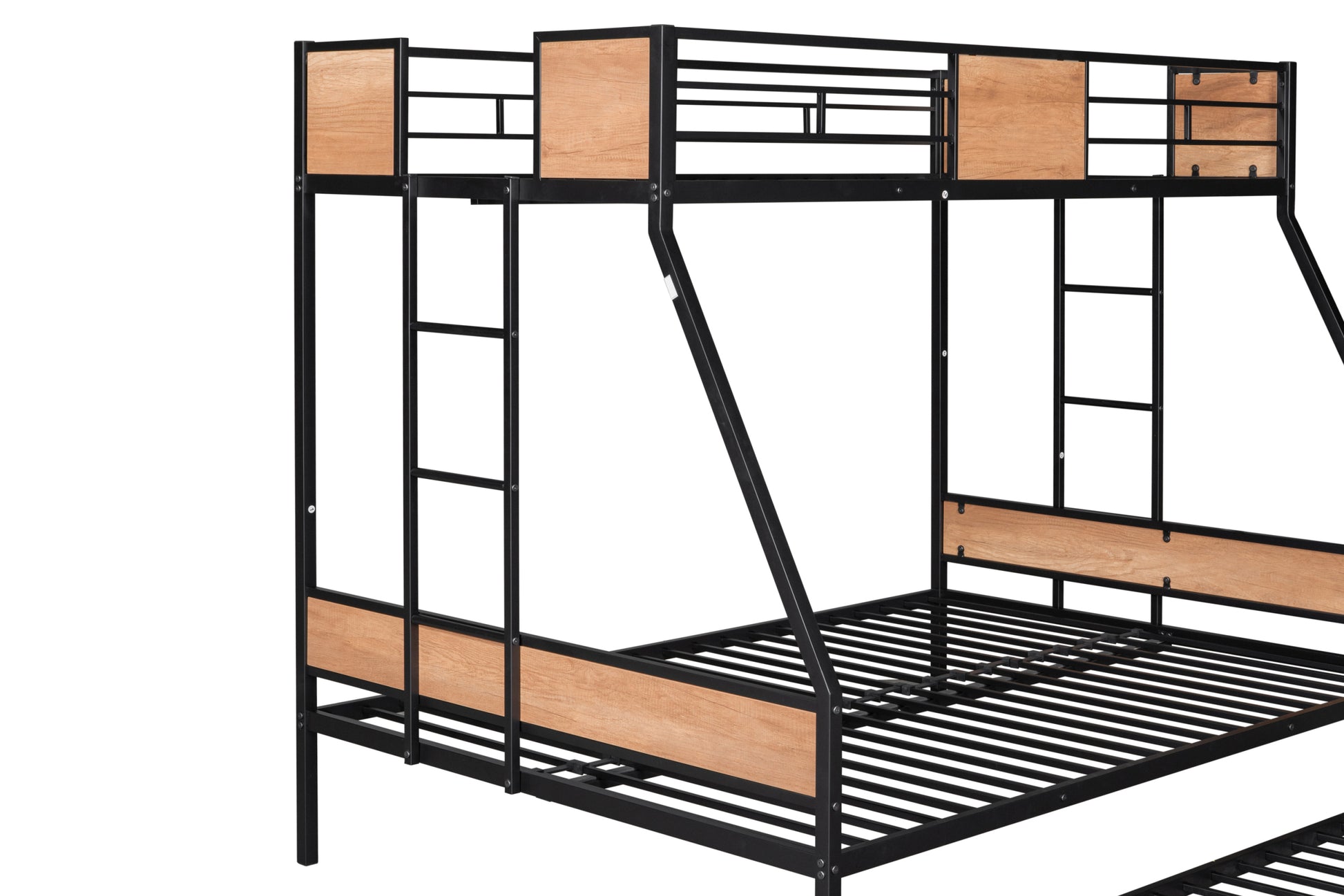Metal Twin Over Full Bunk Bed With Trundle Heavy Duty Sturdy Metal Noise Reduced Safety Guardrail Wooden Decoration Convenient Trundle Bunk Bed For Three Cpc Certified No Box Spring Needed Black Metal