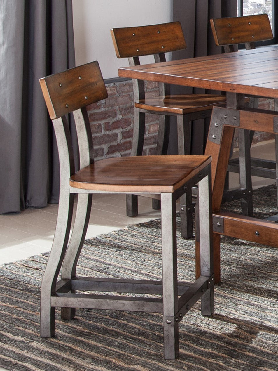 Rustic Brown And Gunmetal Finish Wooden Counter Height Chairs 2Pc Set Industrial Design Dining Furniture Brown Mix Dining Room Industrial,Rustic Wood