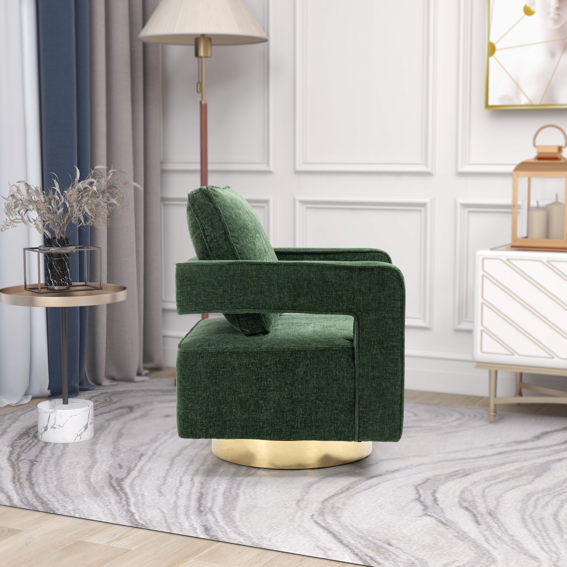 30.7"W Swivel Accent Open Back Chair Modern Comfy Sofa Chair With Gold Stainless Steel Base For Nursery Bedroom Living Room Hotel Office, Club Chair Leisure Arm Chair For Lounge Green Chenille Green