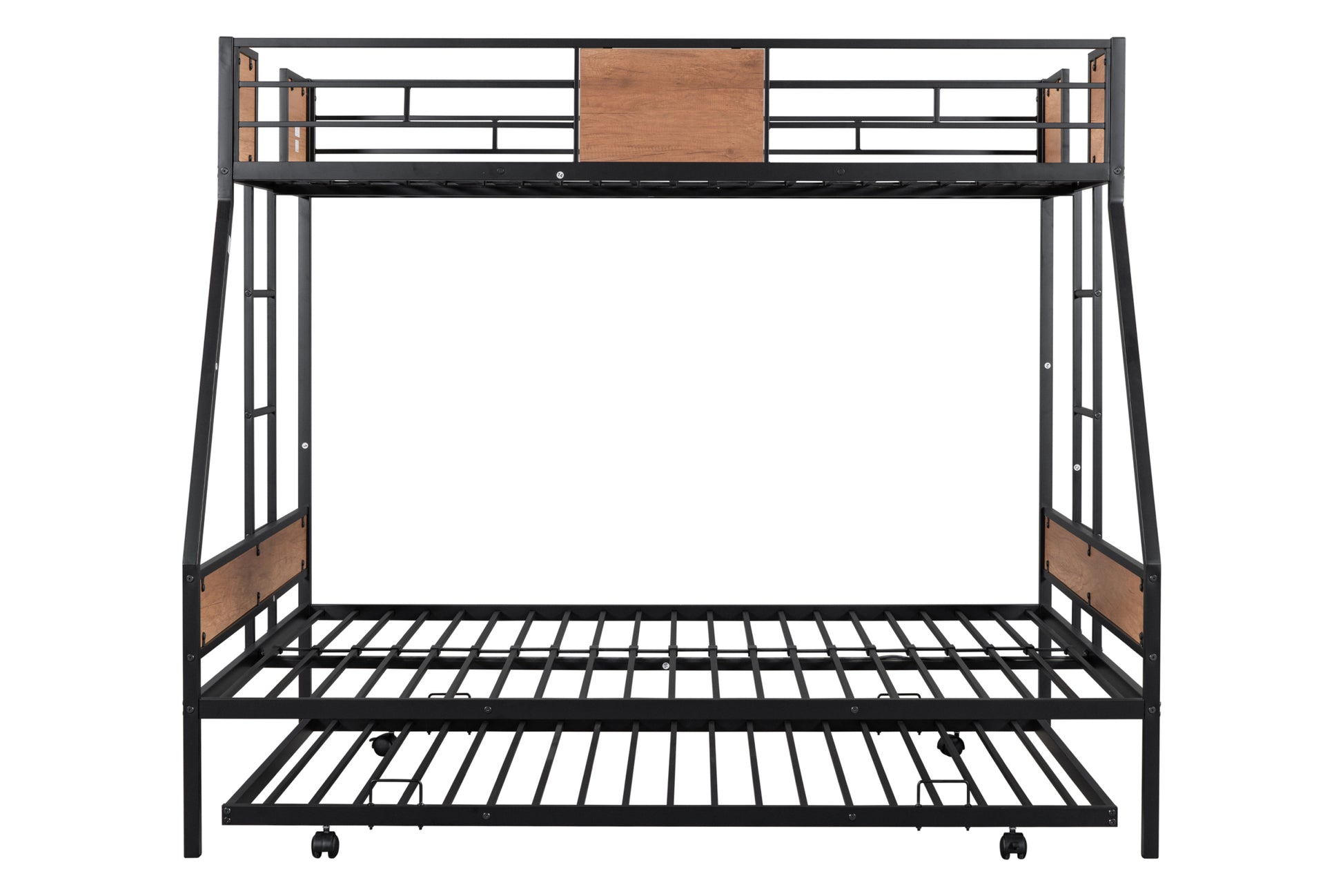 Metal Twin Over Full Bunk Bed With Trundle Heavy Duty Sturdy Metal Noise Reduced Safety Guardrail Wooden Decoration Convenient Trundle Bunk Bed For Three Cpc Certified No Box Spring Needed Black Metal