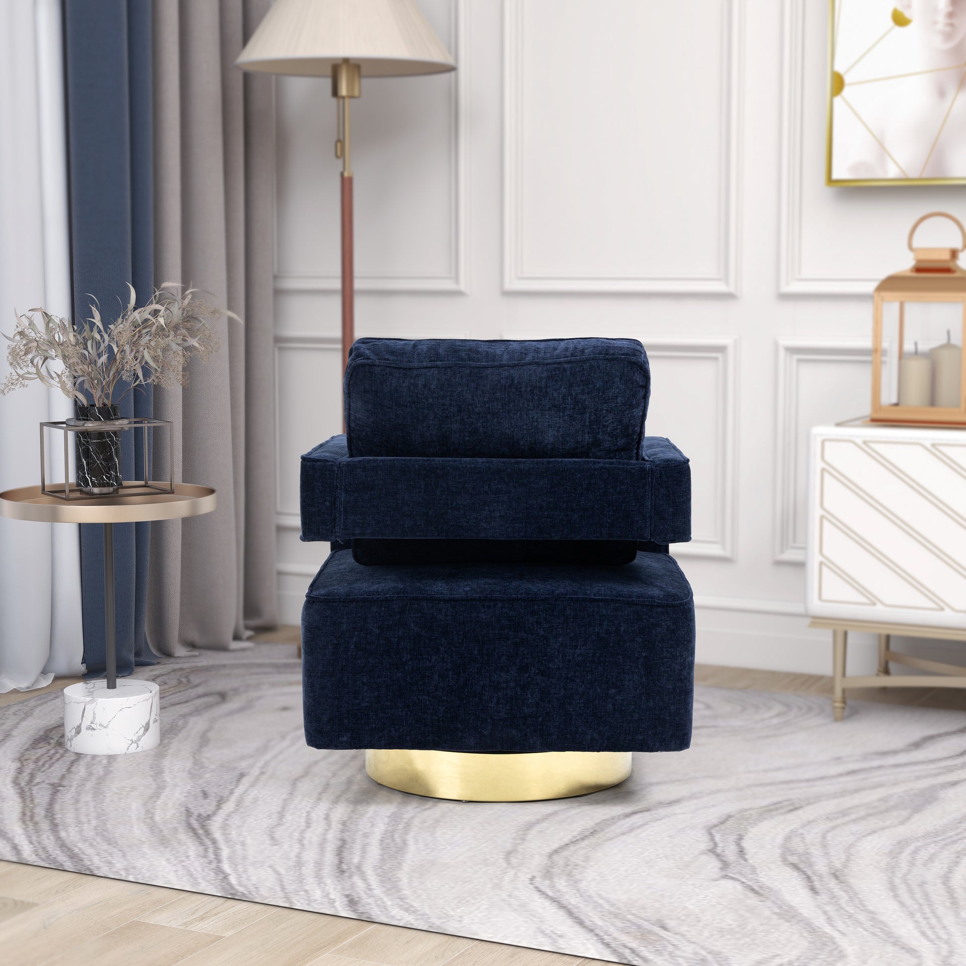 30.7"W Swivel Accent Open Back Chair Modern Comfy Sofa Chair With Gold Stainless Steel Base For Nursery Bedroom Living Room Hotel Office, Club Chair Leisure Arm Chair For Lounge Navy Chenille Navy