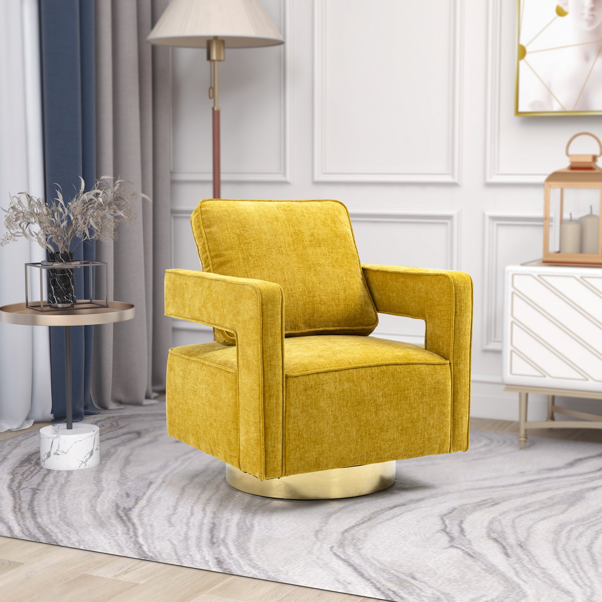 30.7"W Swivel Accent Open Back Chair Modern Comfy Sofa Chair With Gold Stainless Steel Base For Nursery Bedroom Living Room Hotel Office, Club Chair Leisure Arm Chair For Lounge Mustard Chenille