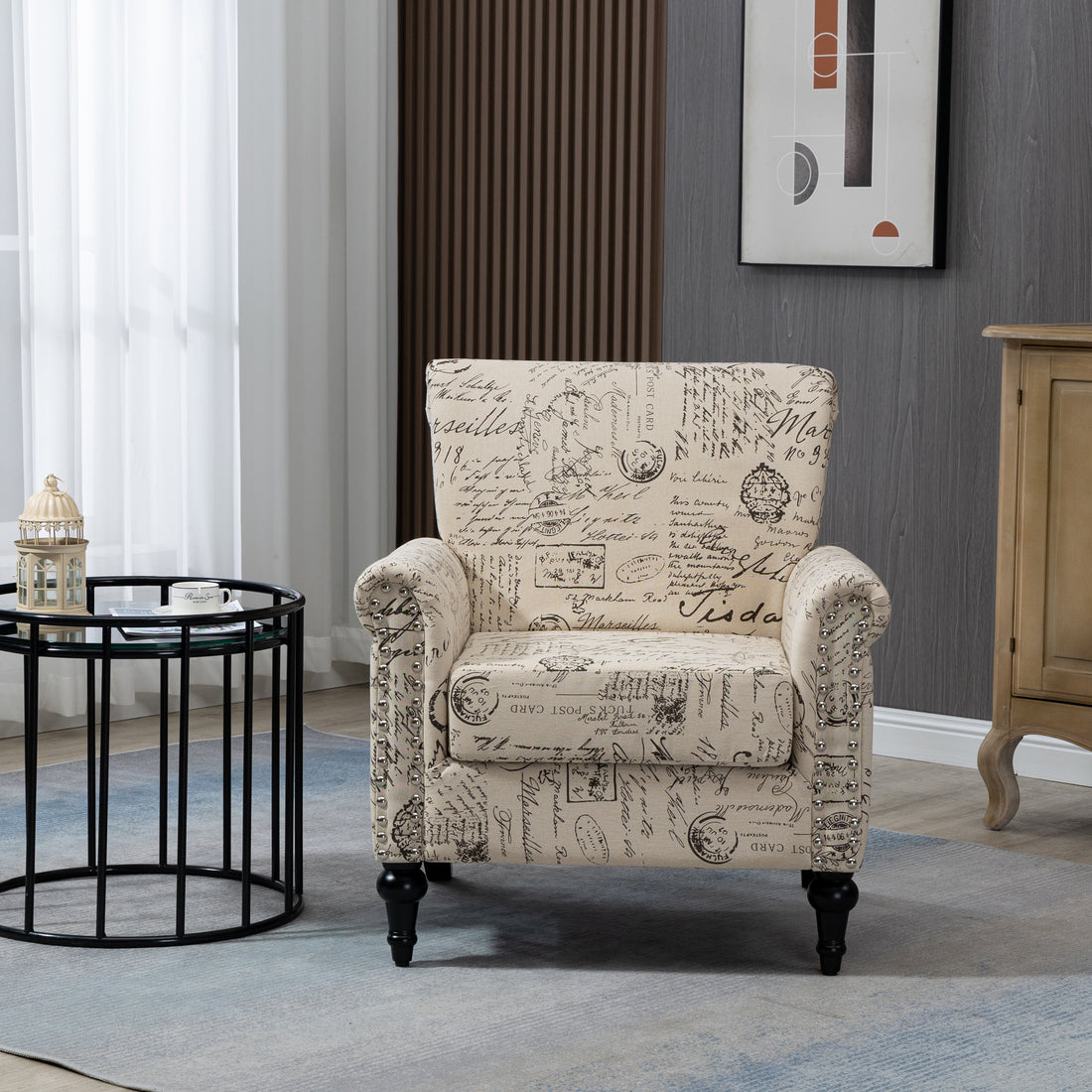 Mid Century Modern Accent Chair, Linen Armchair W Tufted Back Wood Legs, Upholstered Lounge Arm Chair Single Sofa For Living Room Bedroom, Beige Beige Foam Linen