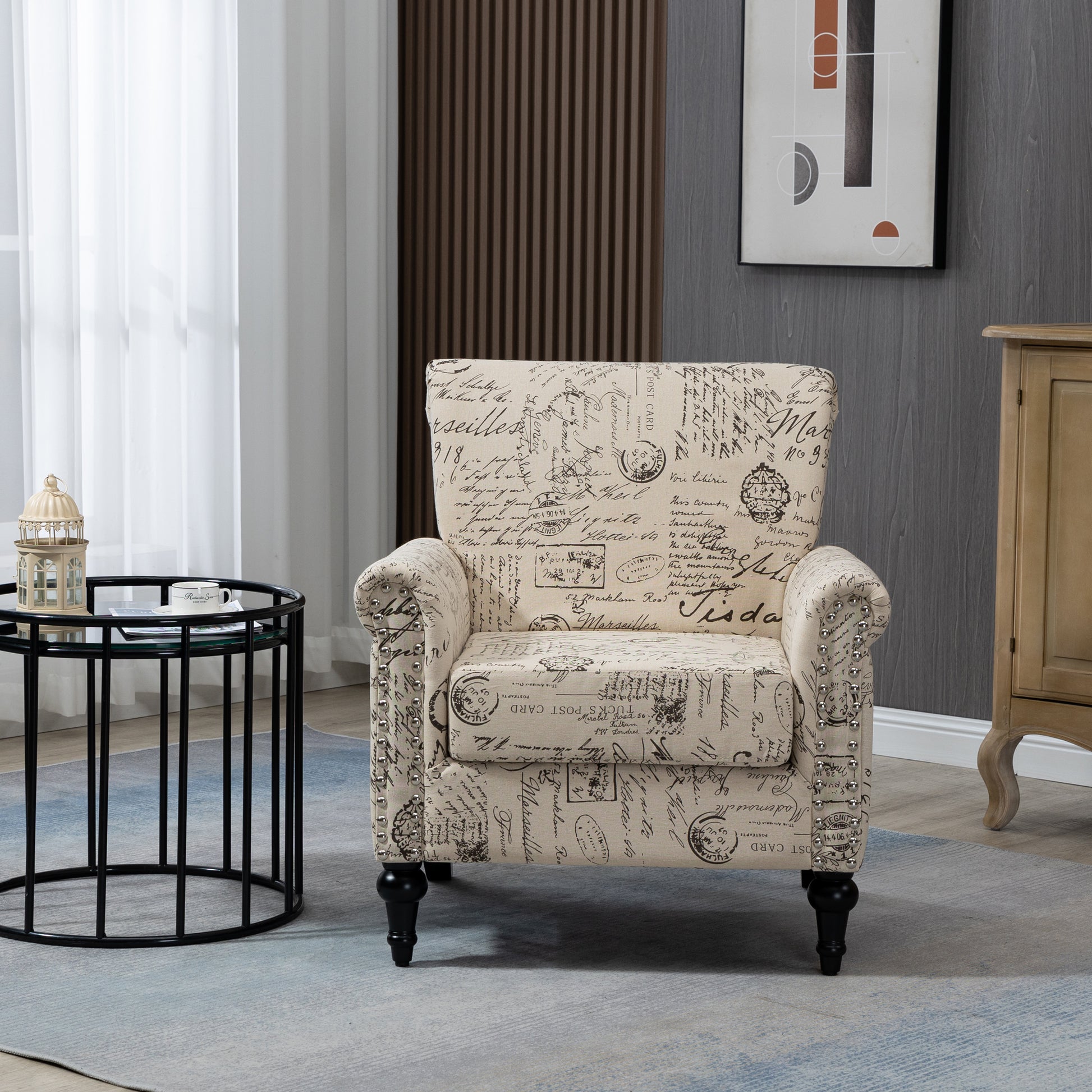 Mid Century Modern Accent Chair, Linen Armchair W Tufted Back Wood Legs, Upholstered Lounge Arm Chair Single Sofa For Living Room Bedroom, Beige Beige Foam Linen