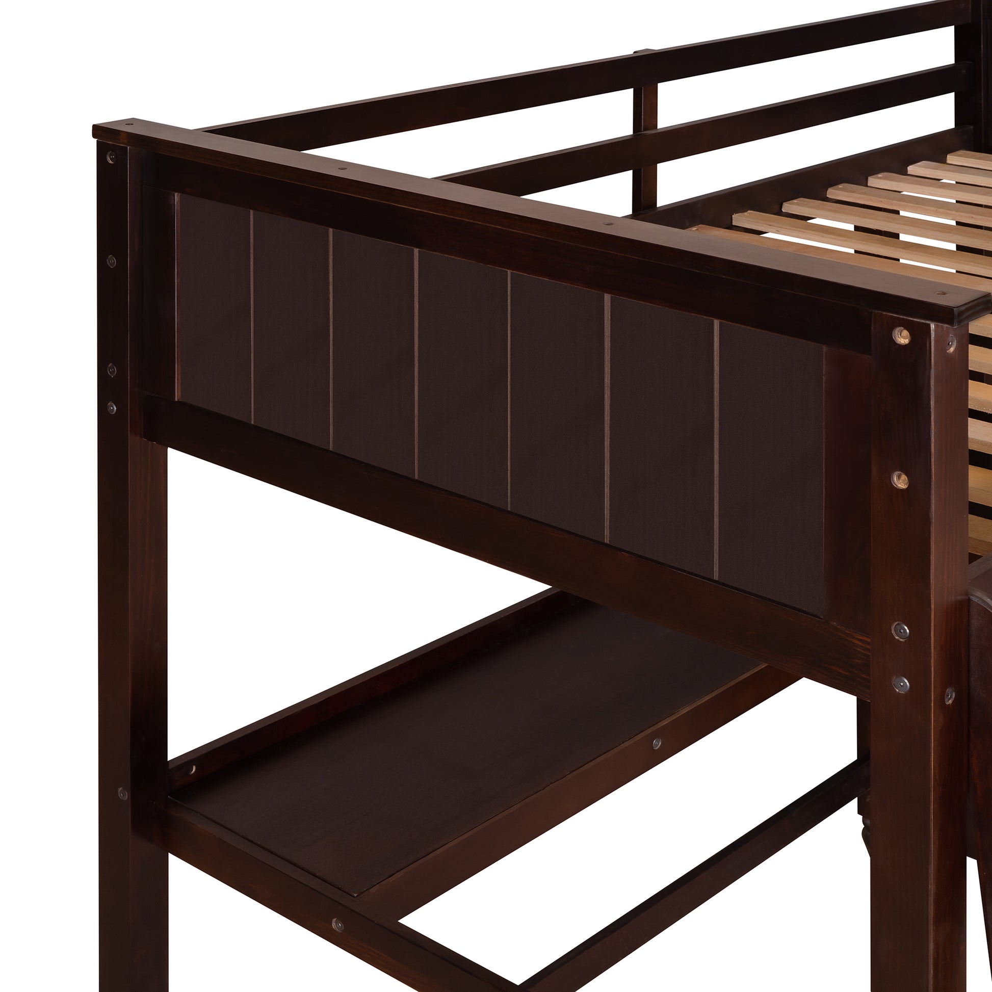 Twin Size Loft Bed With Drawers And Desk, Wooden Loft Bed With Shelves Espresso Old Sku: Lt001530Aap Espresso Solid Wood