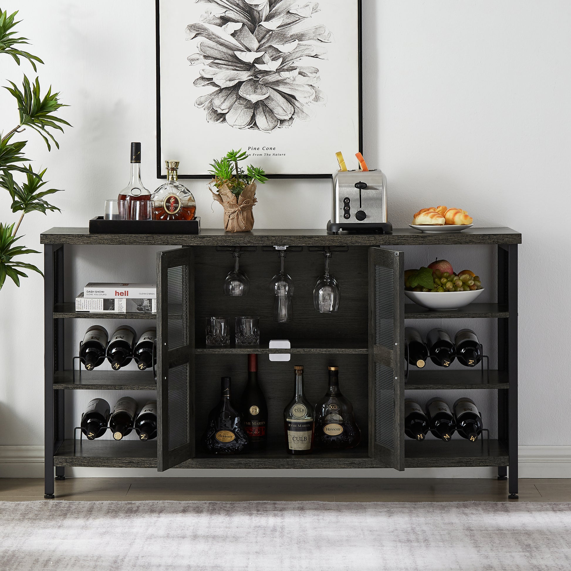 Industrial Wine Bar Cabinet, Liquor Storage Credenza, Sideboard With Wine Racks & Stemware Holder Dark Grey, 55.12''W X 13.78''D X 30.31'' H Dark Gray Particle Board