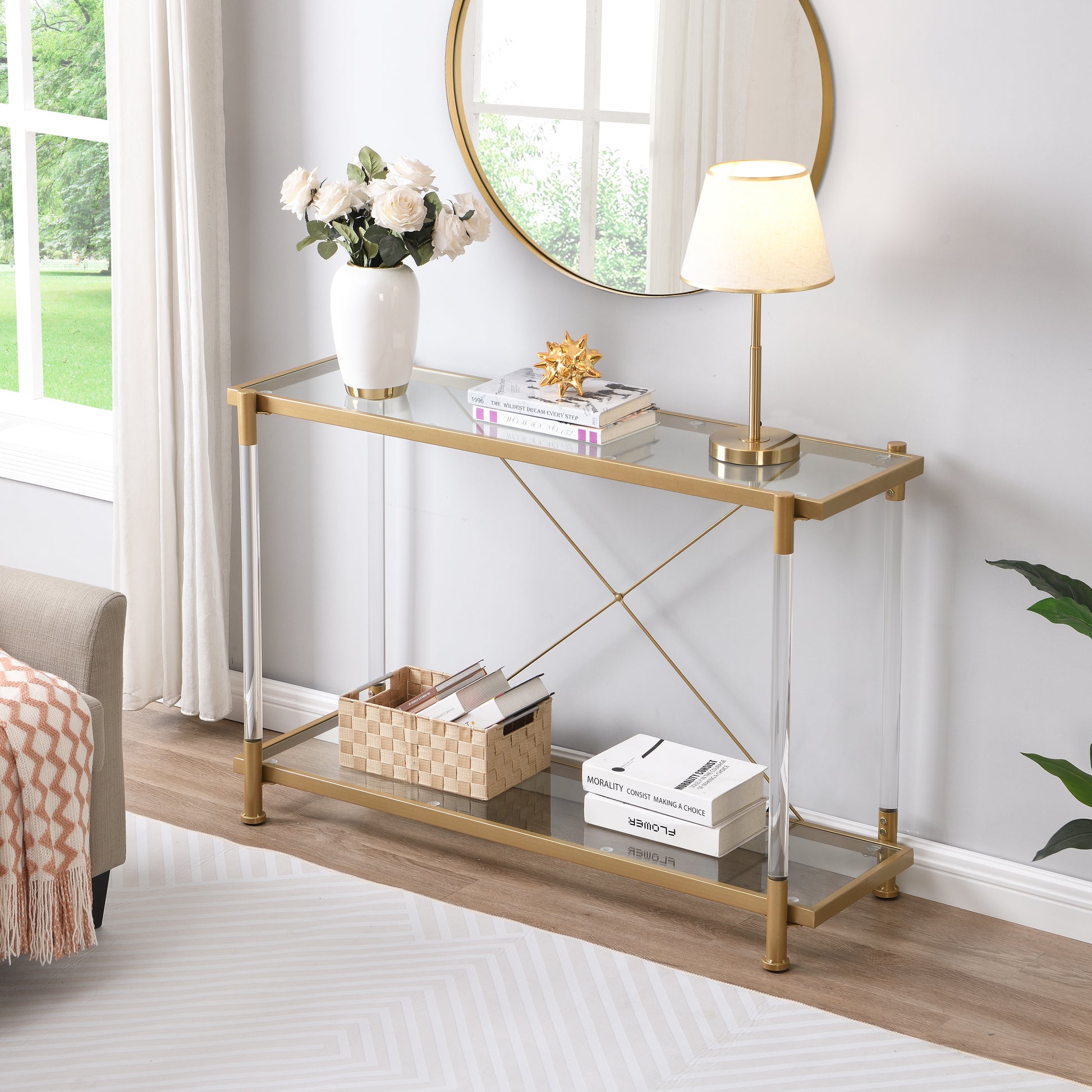 43.31'' Golden Glass Sofa Table, Acrylic Side Table, Console Table For Living Roome& Bedroom Golden Glass Iron