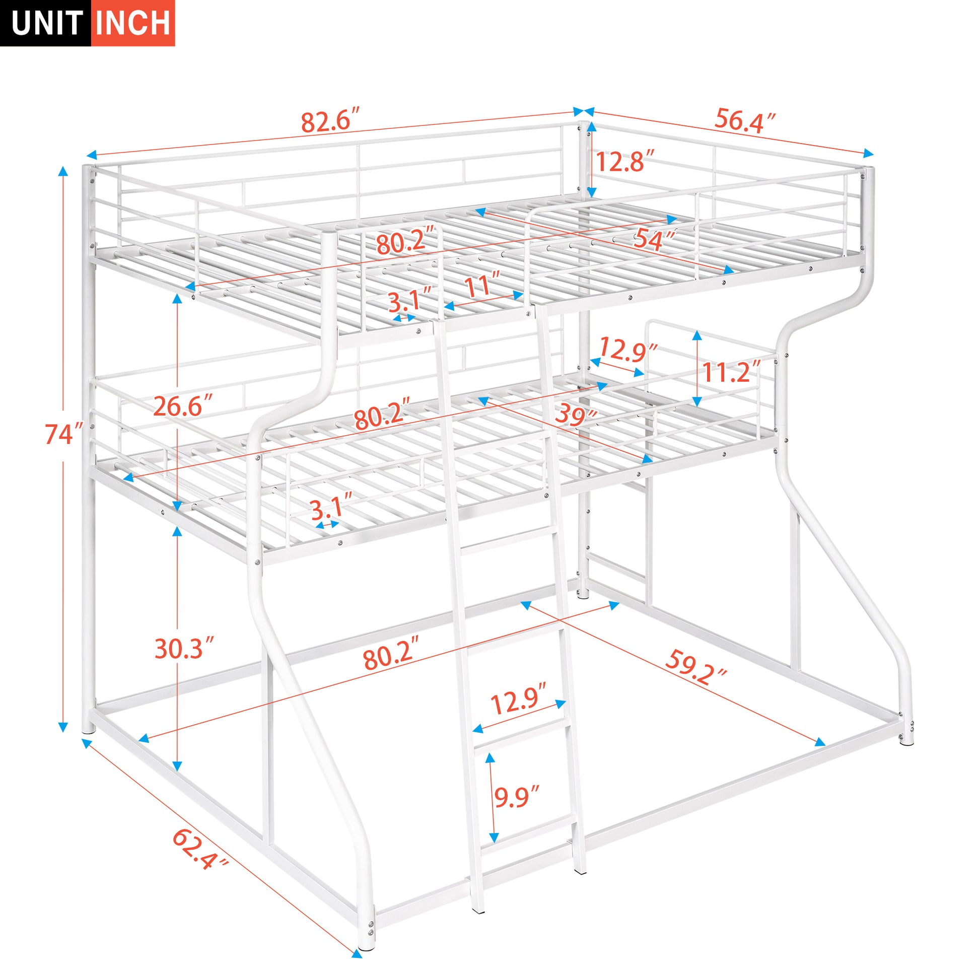 Full Xl Over Twin Xl Over Queen Size Triple Bunk Bed With Long And Short Ladder,White Box Spring Not Required White Metal Bedroom Bunk Metal
