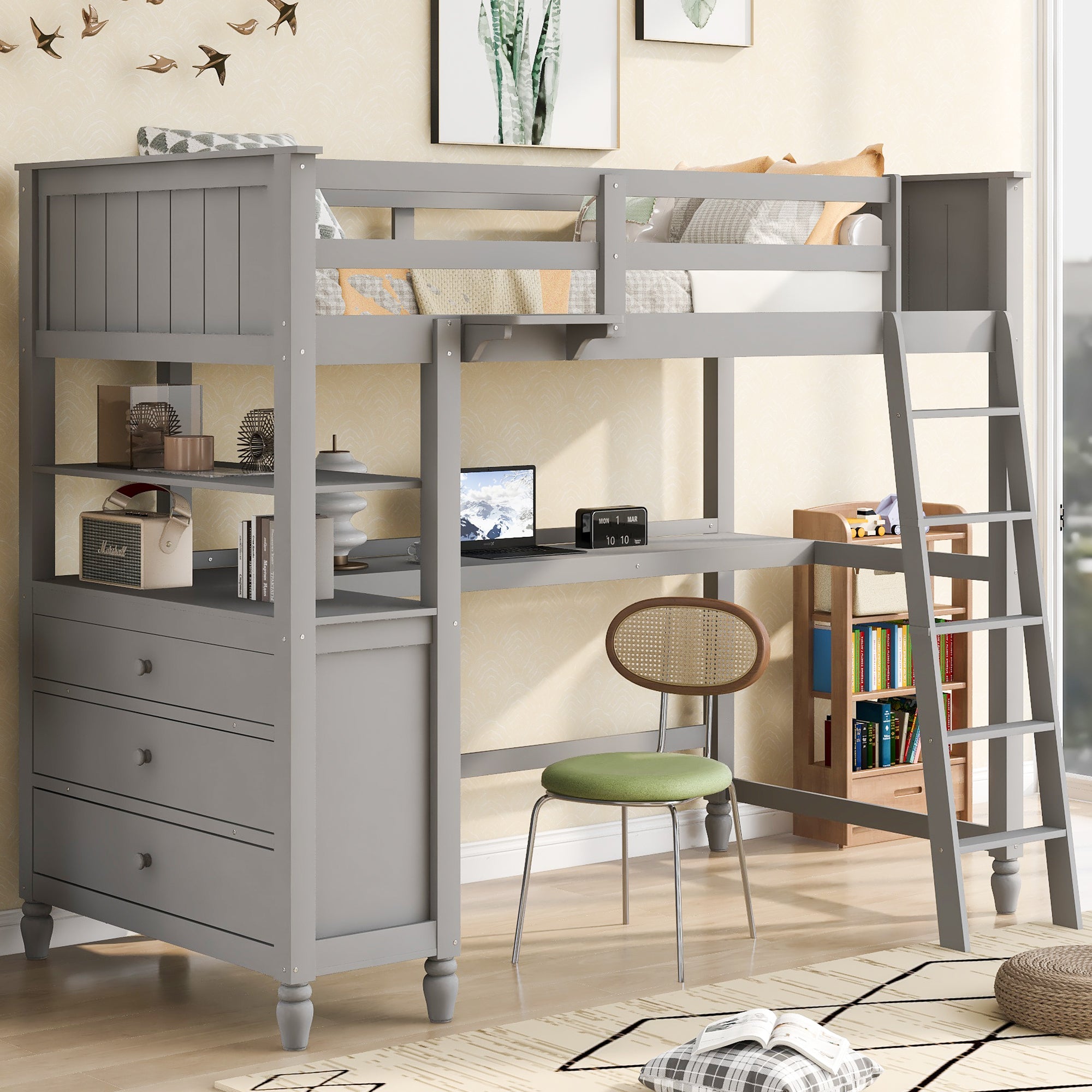 Twin Size Loft Bed With Drawers And Desk, Wooden Loft Bed With Shelves Gray Old Sku: Lt001530Aae Gray Solid Wood