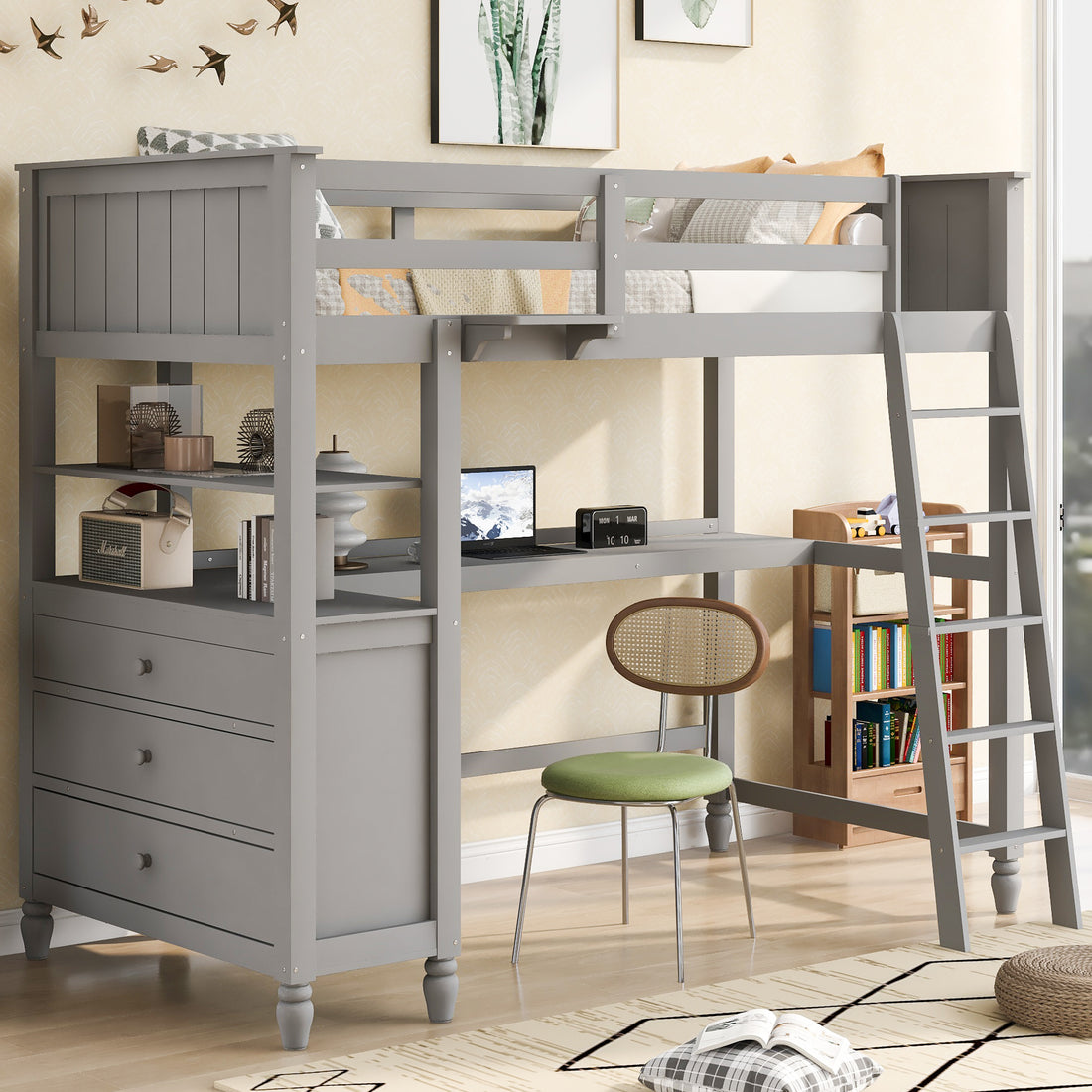 Twin Size Loft Bed With Drawers And Desk, Wooden Loft Bed With Shelves Gray Old Sku: Lt001530Aae Gray Solid Wood