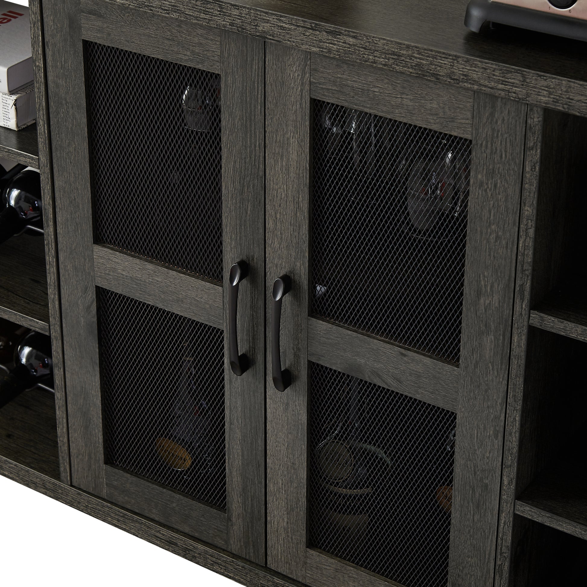 Industrial Wine Bar Cabinet, Liquor Storage Credenza, Sideboard With Wine Racks & Stemware Holder Dark Grey, 55.12''W X 13.78''D X 30.31'' H Dark Gray Particle Board