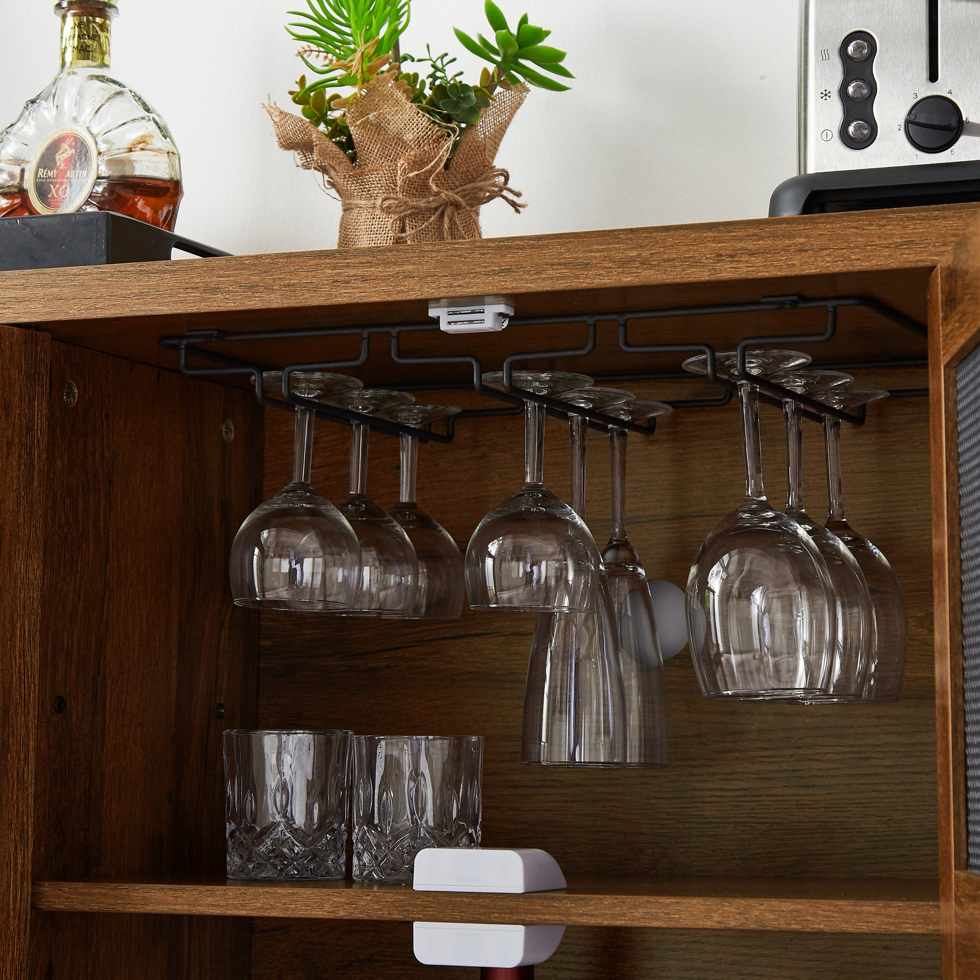 Industrial Wine Bar Cabinet, Liquor Storage Credenza, Sideboard With Wine Racks & Stemware Holder Hazelnut Brown, 55.12''W X 13.78''D X 30.31'' H Brown Oak Particle Board