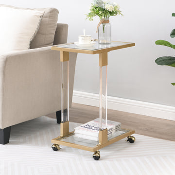 Golden Side Table, Acrylic Sofa Table, Glass Top C Shape Square Table With Metal Base For Living Room, Bedroom, Balcony Home And Office Chrome Glass Iron