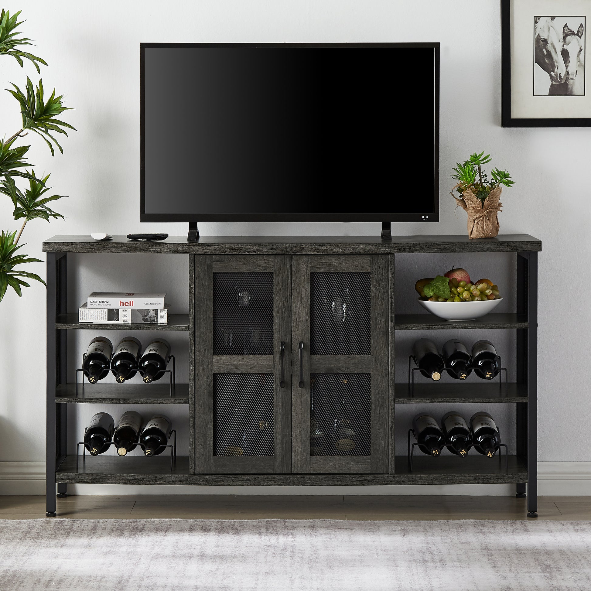 Industrial Wine Bar Cabinet, Liquor Storage Credenza, Sideboard With Wine Racks & Stemware Holder Dark Grey, 55.12''W X 13.78''D X 30.31'' H Dark Gray Particle Board