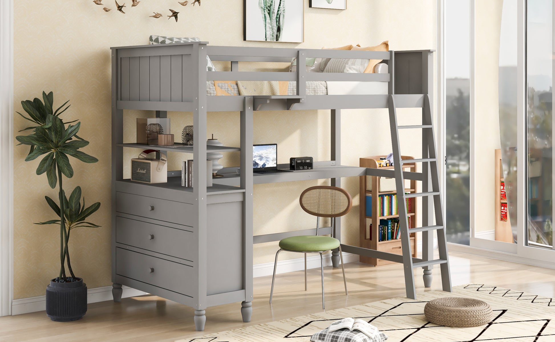 Twin Size Loft Bed With Drawers And Desk, Wooden Loft Bed With Shelves Gray Old Sku: Lt001530Aae Gray Solid Wood